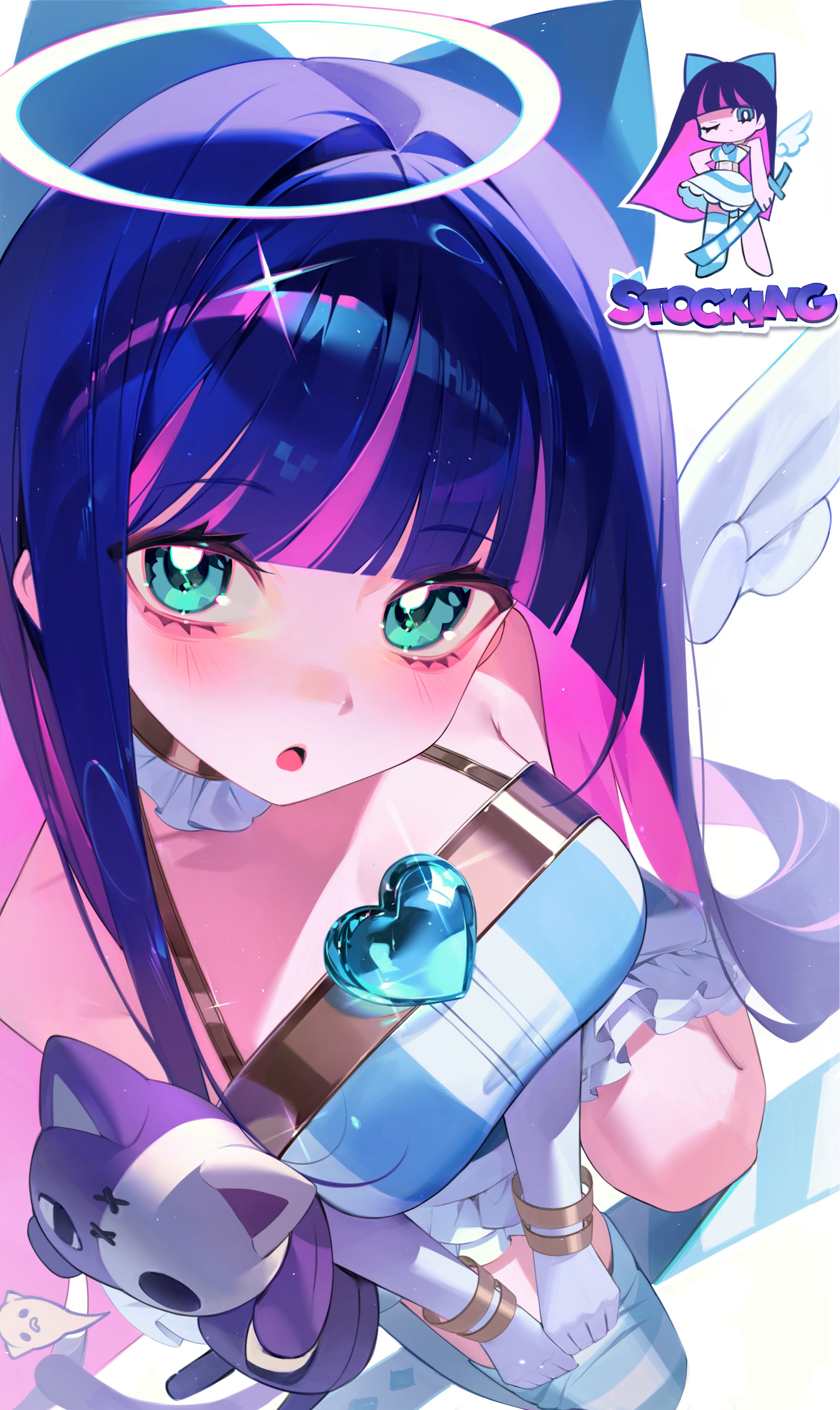 hu2ees2, honekoneko (psg), stocking (psg), panty & stocking with garterbelt, absurdres, commentary, english commentary, highres, 1girl, :o, angel wings, blue bow, blue eyes, blue gemstone, blunt bangs, blush, bow, breasts, bright pupils, character name, chibi, chibi inset, colored inner hair, detached wings, dress, elbow gloves, gem, giving up the ghost, glint, gloves, hair bow, halo, heart, heart-shaped gem, holding, holding sword, holding weapon, large breasts, long hair, multicolored hair, one eye closed, open mouth, pink hair, purple hair, single thighhigh, streaked hair, striped clothes, striped thighhighs, stuffed animal, stuffed cat, stuffed toy, sword, thighhighs, thighhighs pull, traditional halo, twitter username, two-tone hair, very long hair, weapon, white dress, white gloves, white pupils, white wings, wings