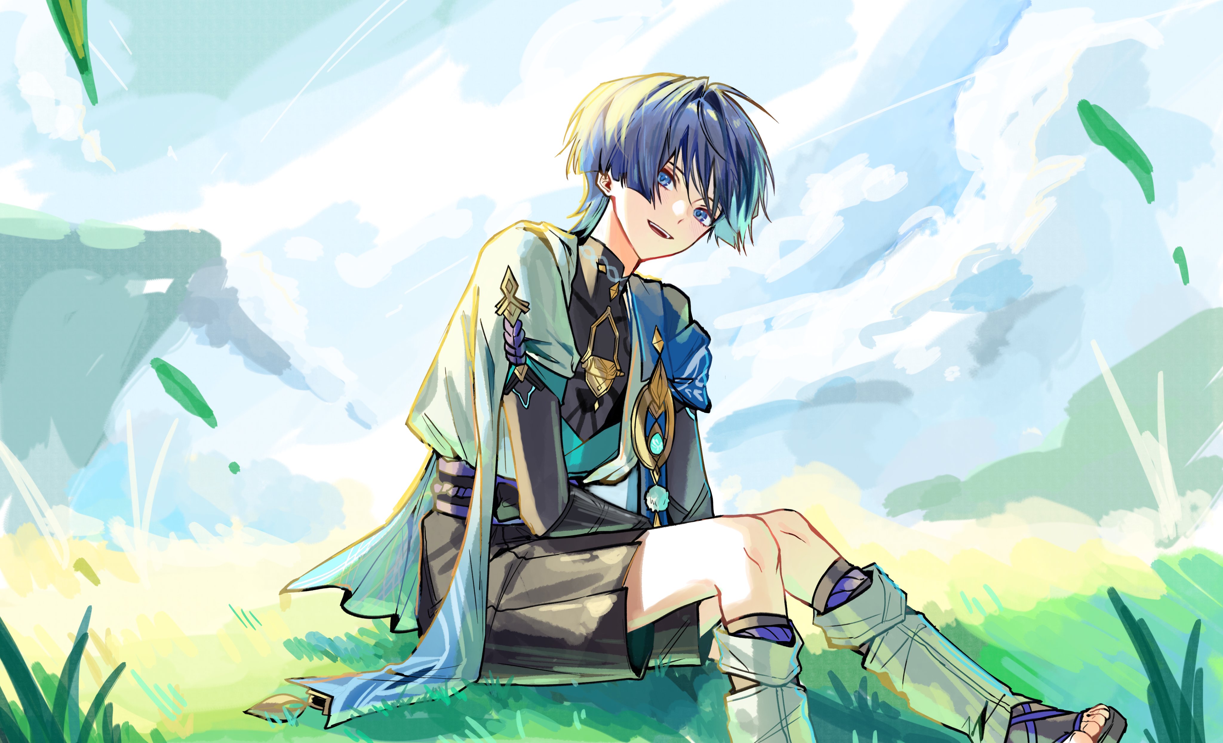 chypuragy, scaramouche (genshin impact), wanderer (genshin impact), genshin impact, absurdres, highres, 1boy, anemo symbol (genshin impact), arm at side, arm on thigh, armor, belt, black belt, black bodysuit, black bridal gauntlets, black sandals, black shorts, blue eyes, blue gemstone, blue hair, blue kimono, blue sleeves, blunt ends, bodysuit, bridal gauntlets, choppy bangs, cloud, cloudy sky, eyeliner, eyeshadow, furisode, gem, gold, grass, hakama, hakama shorts, japanese armor, japanese clothes, juban, kimono, knees together feet apart, kote, kurokote, layered sleeves, leg warmers, light blush, looking at viewer, makeup, male focus, mandarin collar, multicolored hair, on grass, open clothes, open kimono, open mouth, pleated shorts, pom pom (clothes), purple hair, purple rope, purple sash, red eyeliner, red eyeshadow, rope, sandals, sash, short sleeves, shorts, sitting, sky, solo, streaked hair, teeth, toenails, toes, tsurime, upper teeth only, vision (genshin impact), white kimono, white leg warmers, white sleeves, zouri