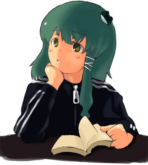 inuinu (project october), ken makiba, kochiya sanae, touhou, 1girl, blush stickers, book, casual, female focus, head rest, solo, track suit