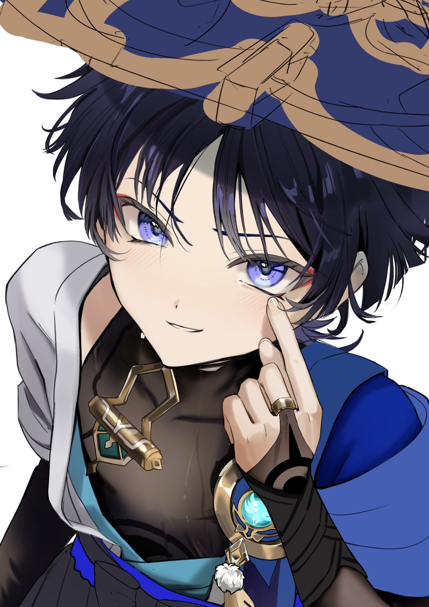 sahi00000, scaramouche (genshin impact), wanderer (genshin impact), genshin impact, highres, unfinished, 1boy, anemo symbol (genshin impact), arm at side, armor, black bodysuit, black bow, black hair, black rope, blue cape, blue hat, blue kimono, blue sash, blunt ends, bodysuit, bow, bridal gauntlets, brown bridal gauntlets, cape, choppy bangs, covered collarbone, eyelashes, eyeliner, eyeshadow, feathers, finger to eye, fingernails, from above, gold, gold ring, hand up, hat, index finger raised, japanese armor, japanese clothes, jingasa, juban, kimono, kote, kurokote, light blush, makeup, male focus, middle ring, open clothes, open kimono, parted lips, pom pom (clothes), purple eyes, red eyeliner, red eyeshadow, rope, sash, short sleeves, shoulder peek, sketch, skin tight, solo, sweat, tsurime, vision (genshin impact), wet, wet clothes, white background, white kimono, white mouth, white sleeves, yellow feathers