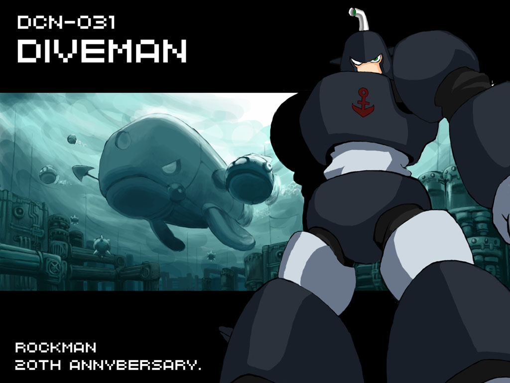 inuinu (project october), ken makiba, dive man, gyotot (mega man), moby (mega man), capcom, mega man (classic), mega man (series), mega man 4, 1boy, anchor symbol, android, animal, anniversary, armor, bubble, character name, copyright notice, day, explosive, fish, full body, green eyes, helmet, legs apart, letterboxed, light rays, looking at viewer, male focus, mine (weapon), outdoors, pixelated, propeller, robot, spikes, standing, sunlight, typo, underwater, water, whale