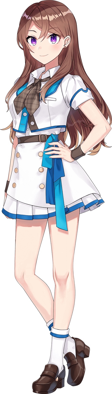 shirako miso, tsukii honoka, cue!, highres, official art, 1girl, belt, blue sash, blush, breasts, brown belt, brown hair, brown ribbon, brown shoes, closed mouth, collared shirt, full body, hand on own hip, jacket, loafers, long hair, long sideburns, looking at viewer, medium breasts, multicolored jacket, parted bangs, piercing, plaid ribbon, pleated skirt, purple eyes, ribbon, sash, shirt, shoes, short sleeves, sideburns, sidelocks, simple background, skirt, smile, socks, solo, standing, tachi-e, transparent background, tsurime, two-tone jacket, two-tone skirt, very long hair, white jacket, white shirt, white skirt, white socks, wristband