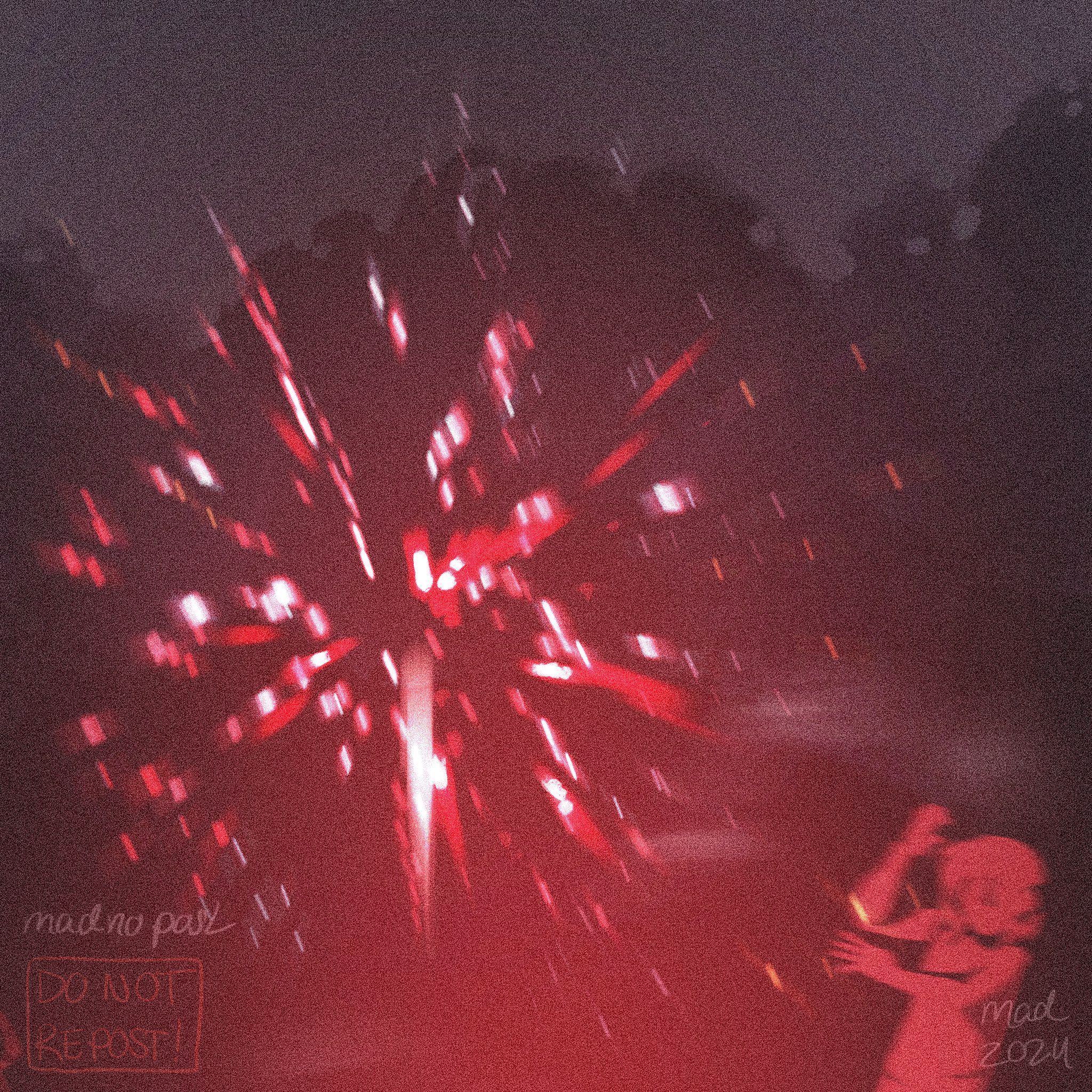 madnopost, basil (faraway) (omori), basil (omori), omori, highres, 1boy, 2024, arm up, artist name, faceless, faceless male, fireworks, male focus, outdoors, short hair, solo, tree