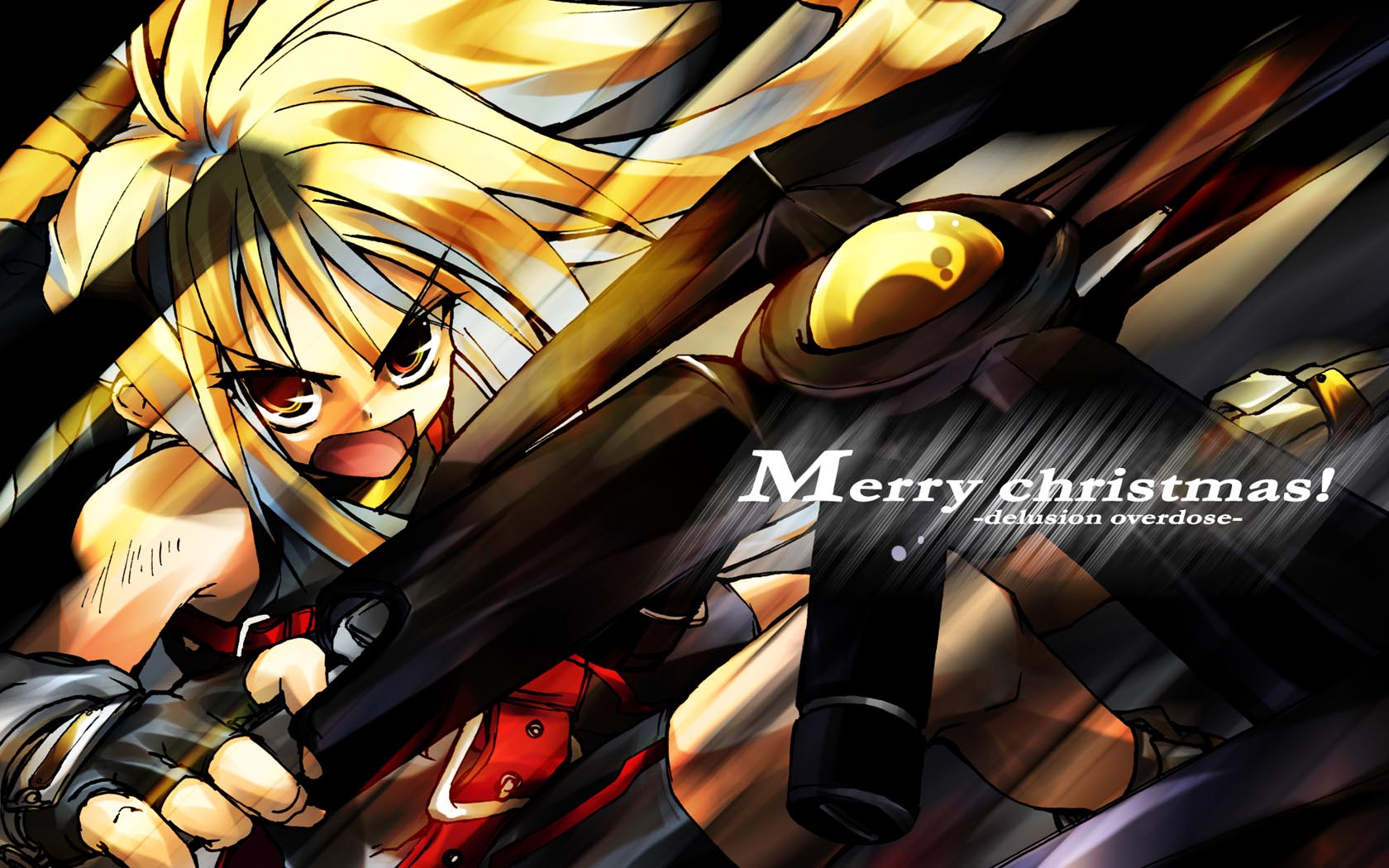 delusion overdose, matsuno canel, bardiche (nanoha), fate testarossa, lyrical nanoha, mahou shoujo lyrical nanoha, highres, 00s, 1girl, angry, belt, blonde hair, dutch angle, female focus, fighting stance, fingerless gloves, gloves, long hair, magical girl, merry christmas, motion blur, open mouth, red eyes, solo, strap, thighhighs, weapon
