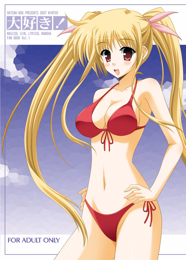 oda ken'ichi, fate testarossa, lyrical nanoha, mahou shoujo lyrical nanoha, mahou shoujo lyrical nanoha strikers, 00s, 1girl, bikini, blonde hair, blush, breasts, female focus, long hair, medium breasts, red bikini, red eyes, side-tie bikini bottom, solo, swimsuit, twintails