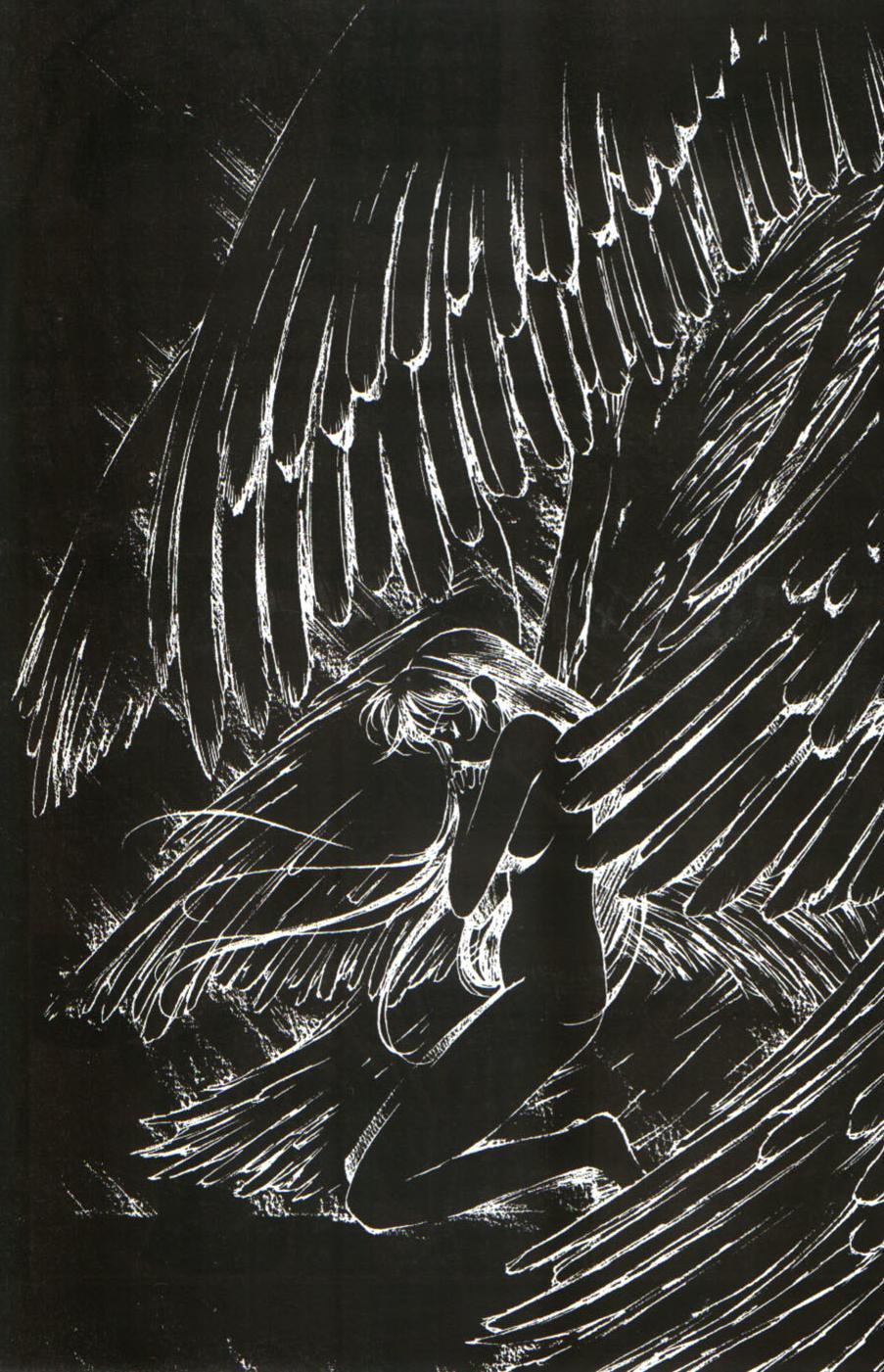 urushihara satoshi, highres, 1girl, angel, female focus, long hair, monochrome, multiple wings, nude, seraph, solo, wings