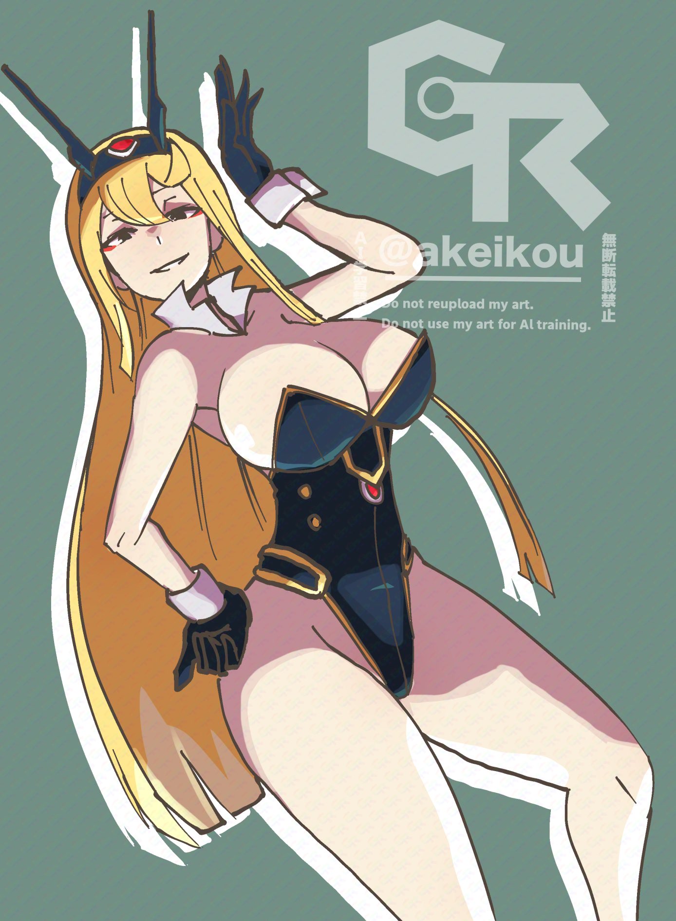 akeikou, alphamon, kuremi kyouko, digimon, digimon story: cyber sleuth, highres, 1girl, alphamon (cosplay), black gloves, black leotard, blonde hair, breasts, cleavage, cosplay, detached collar, gloves, highleg, highleg leotard, large breasts, leotard, long hair, looking at viewer, pantyhose, playboy bunny, simple background, smile, solo, strapless, strapless leotard, wrist cuffs