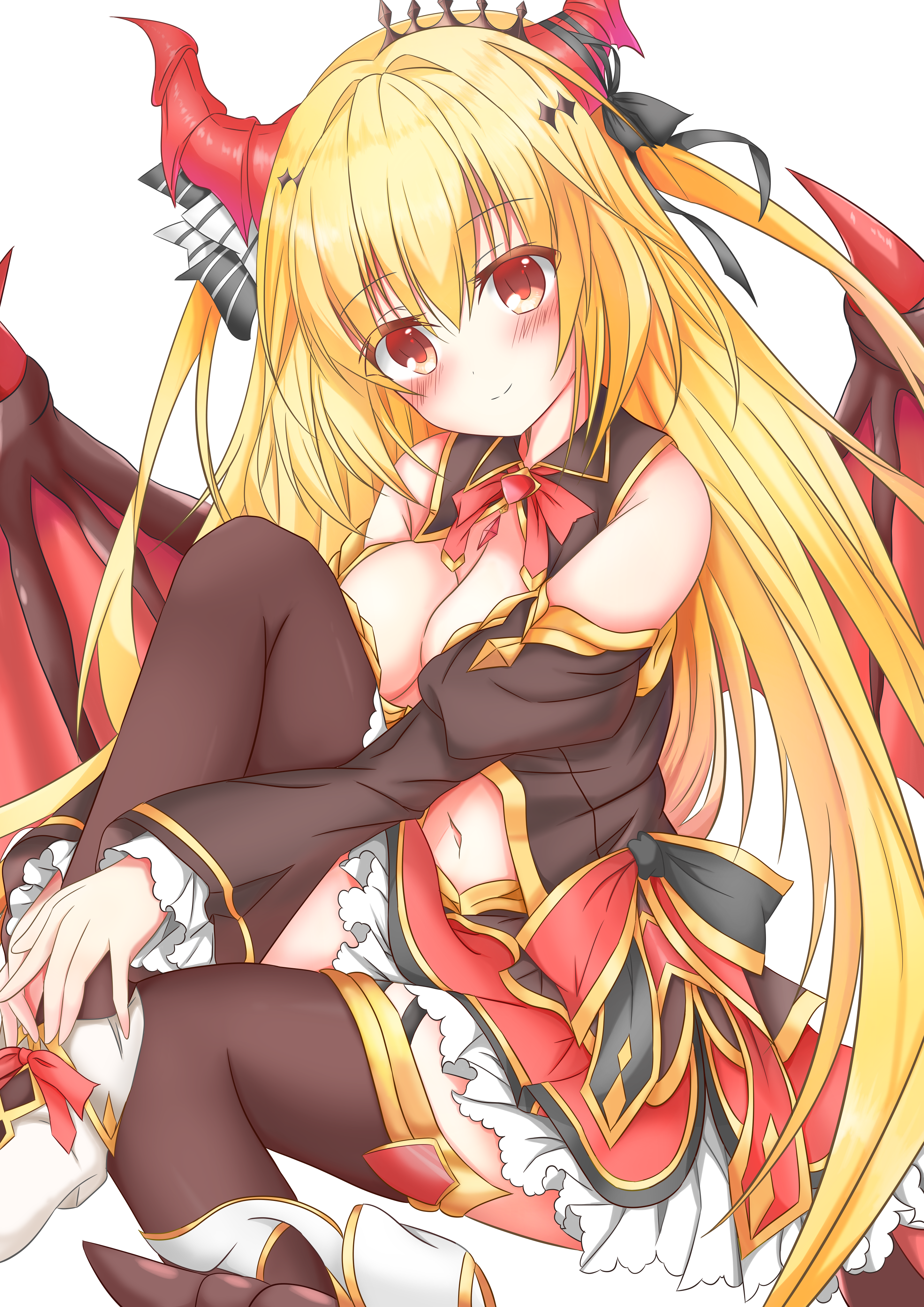 koyo aki (vtvd5277), haru (drapri guu-ta-life), drapri guu-ta-life, absurdres, commentary, highres, 1girl, bare shoulders, black dress, black ribbon, black thighhighs, blonde hair, blush, boots, bow, breasts, brown eyes, cleavage, closed mouth, detached sleeves, dragon girl, dragon horns, dragon tail, dragon wings, dress, eyes visible through hair, floating hair, foot out of frame, footwear bow, frilled skirt, frilled sleeves, frills, hair between eyes, hair intakes, hair ribbon, horns, hugging own legs, invisible chair, juliet sleeves, knee up, long hair, long sleeves, looking at viewer, medium breasts, miniskirt, navel, neck ribbon, puffy sleeves, red bow, red horns, red ribbon, red skirt, ribbon, short dress, simple background, sitting, skirt, sleeveless, sleeveless dress, smile, solo, split mouth, straight hair, tail, thighhighs, two side up, very long hair, white background, white boots, wide sleeves, wings