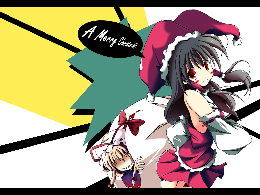 hakurei reimu, yakumo yukari, touhou, 2girls, bare shoulders, blonde hair, blush, bow, brown hair, christmas, detached sleeves, evil smile, female focus, gap (touhou), grin, hair between eyes, hair ribbon, hair tubes, hat, hat ribbon, holding, jester cap, letterboxed, long hair, looking at viewer, looking to the side, merry christmas, mob cap, multiple girls, pleated skirt, red bow, red eyes, red shirt, red skirt, ribbon, sack, santa costume, shaded face, shirt, skirt, smile, speech bubble, standing, talking, tress ribbon, white background, you gonna get raped