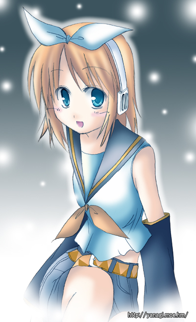 ryuuryuu, kagamine rin, vocaloid, eyebrows, 1girl, arm warmers, belt, black shorts, blonde hair, blouse, blue eyes, blush, bow, female focus, glowing, gradient background, hair bow, headphones, looking at viewer, ribbon, sailor collar, shirt, short hair, shorts, sleeveless, snowing, solo, swept bangs, watermark, web address, white bow, white shirt, yellow ribbon
