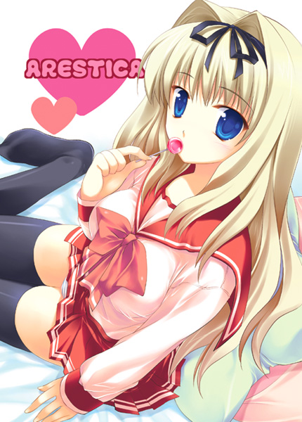 ariko youichi, kusugawa sasara, to heart (series), to heart 2, 00s, 1girl, blonde hair, candy, eating, female focus, food, hair intakes, heart, holding, lollipop, long hair, long sleeves, looking at viewer, pleated skirt, red skirt, sailor collar, school uniform, serafuku, simple background, skirt, solo, sweets, text focus, thighhighs, very long hair, white background, zettai ryouiki
