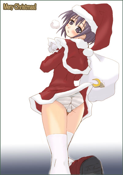 garyou, kawazoe tamaki, bamboo blade, 00s, capelet, christmas, panties, santa costume, solo, striped clothes, striped panties, thighhighs, underwear