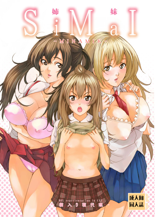 maimu, minami chiaki, minami haruka, minami kana, minami-ke, 00s, 3girls, ahoge, bra, breasts, brown eyes, brown hair, clothes lift, flat chest, large breasts, lingerie, long hair, multiple girls, nipples, panties, shirt lift, small breasts, twintails, underwear