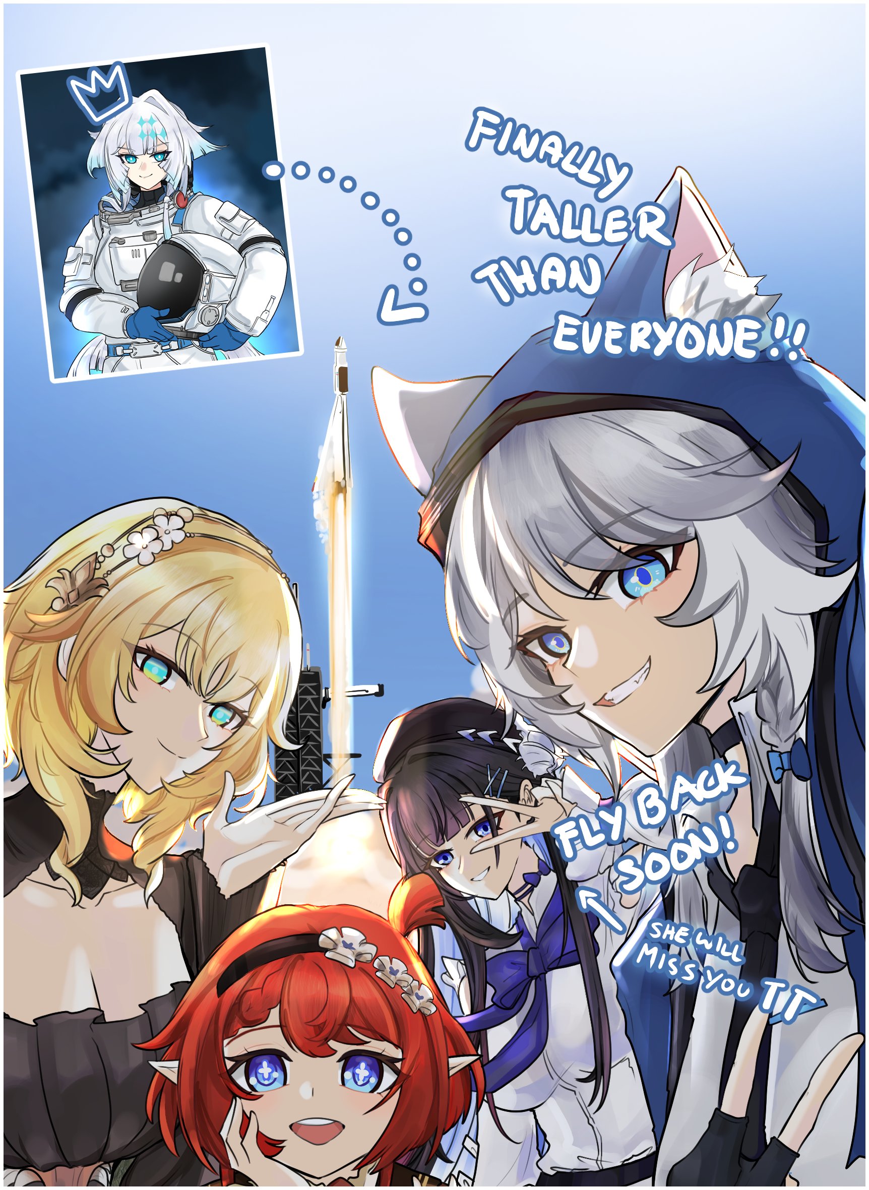 choikfu, aglaea (honkai: star rail), cerydra (honkai: star rail), cipher (honkai: star rail), hysilens (honkai: star rail), tribbie (honkai: star rail), honkai: star rail, honkai (series), highres, 5girls, :d, animal ear fluff, animal ears, aqua hair, arrow (symbol), astronaut, black choker, black hair, black hairband, blonde hair, blue eyes, breasts, cat ears, choker, cleavage, flower, grin, hair flower, hair ornament, hairband, helmet, holding, holding unworn helmet, looking at viewer, multiple girls, open mouth, pointy ears, red hair, shirt, short hair, smile, space helmet, unworn headwear, unworn helmet, white flower, white hair, white shirt