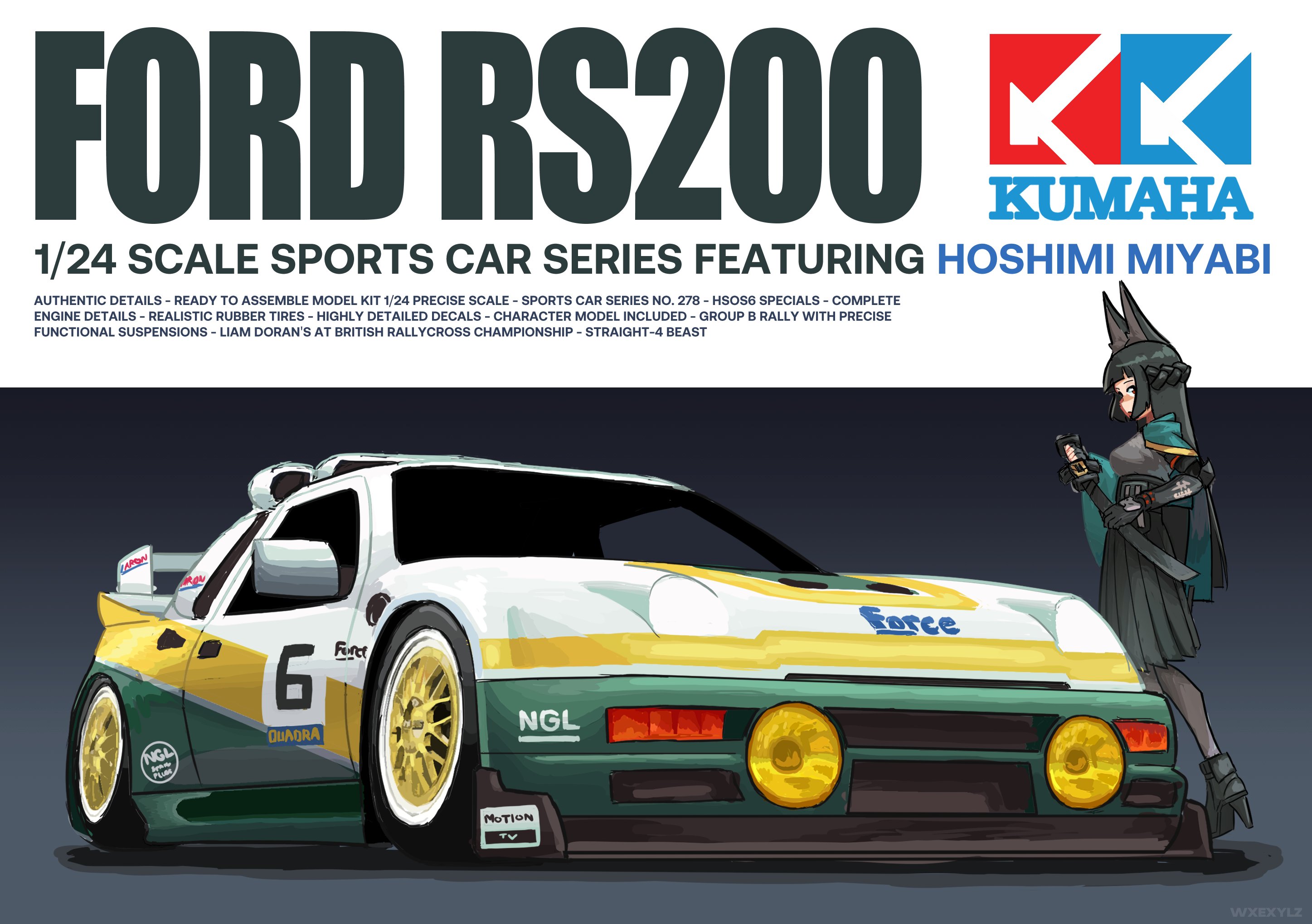 hoshimi miyabi, ford, tamiya incorporated, zenless zone zero, commentary, english commentary, highres, animal ears, black boots, black gloves, black hair, black skirt, blush, boots, car, dog ears, dog girl, elbo gloves, fake box, ford rs200, gloves, grey shirt, high-waist skirt, high heel boots, high heels, holding, holding sword, holding weapon, logo parody, motor vehicle, pleated skirt, race vehicle, racecar, shirt, skirt, spoiler (automobile), sports car, sword, vehicle focus, weapon, wexels