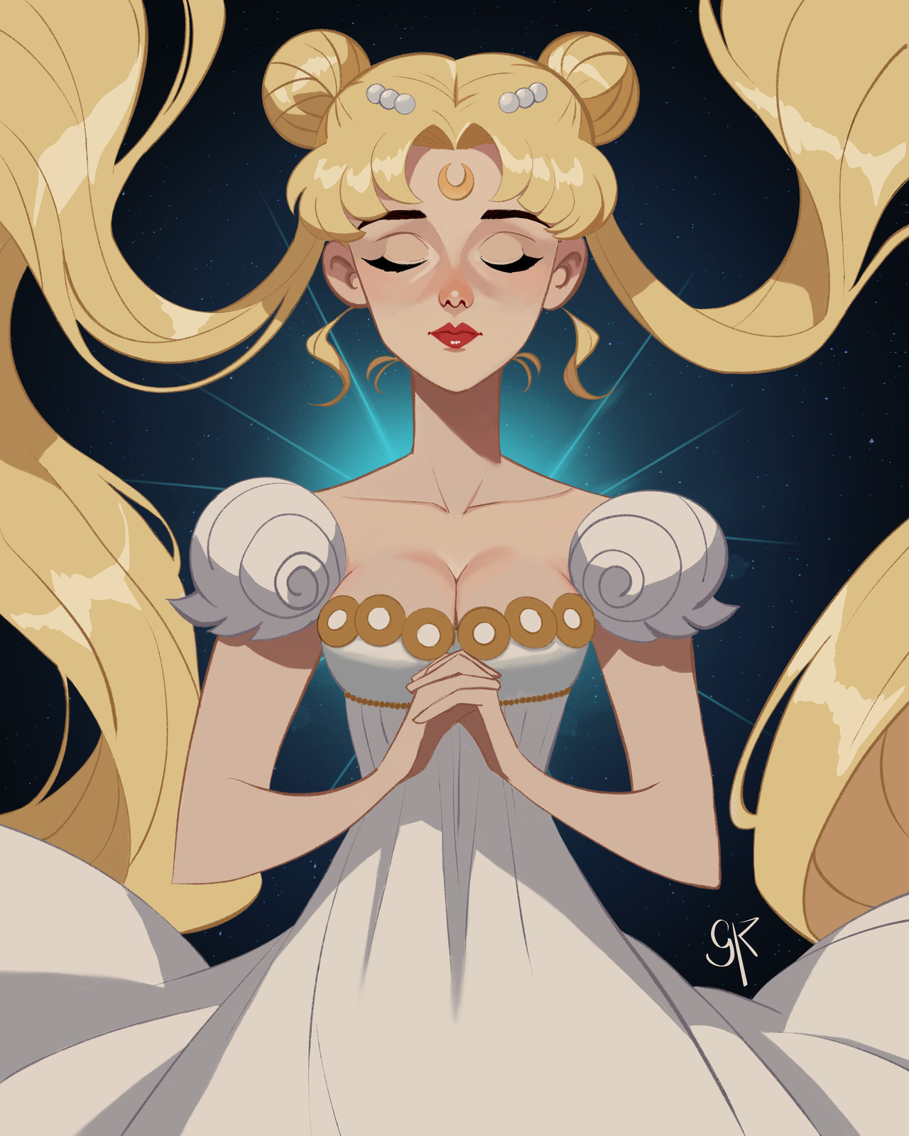 galmesh rosewood, tsukino usagi, bishoujo senshi sailor moon, commentary, english commentary, highres, making-of available, 1girl, artist name, blonde hair, breasts, cleavage, closed eyes, collarbone, double bun, dress, hair bun, large breasts, long hair, own hands together, red lips, solo, twintails, very long hair, white dress