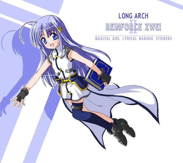 yone, book of the azure sky, reinforce zwei, lyrical nanoha, mahou shoujo lyrical nanoha, mahou shoujo lyrical nanoha strikers, 00s, 1girl, ahoge, asymmetrical clothes, asymmetrical legwear, blue eyes, blue hair, blush, book, character name, copyright name, female focus, fingerless gloves, gloves, hair ornament, long hair, magical girl, matching hair/eyes, single thighhigh, smile, solo, thighhighs, uneven legwear, waist cape, x hair ornament