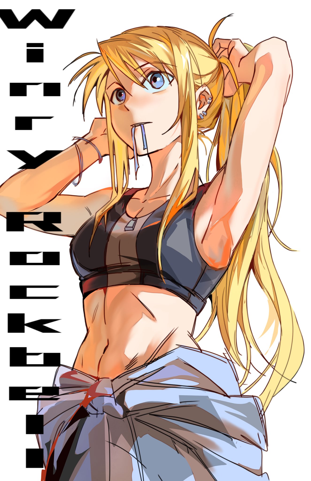winry rockbell, fullmetal alchemist, commentary, english commentary, hashtag-only commentary, highres, 1girl, arm up, armpits, bailanlam, black tank top, blonde hair, blue eyes, breasts, character name, ear piercing, hair tie in mouth, hands in own hair, long hair, looking ahead, medium breasts, mouth hold, navel, piercing, ponytail, sidelocks, simple background, solo, tank top, tying hair, upper body, white background