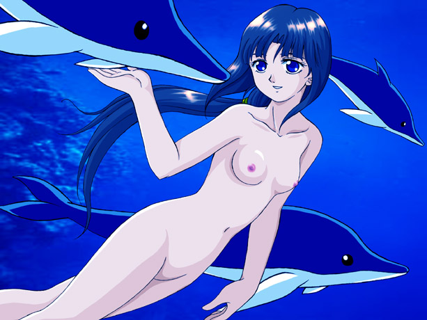 hanzou, tiffa adill, after war gundam x, gundam, 1girl, blue eyes, breasts, dolphin, female focus, freediving, long hair, navel, nipples, nude, nudist, open mouth, ponytail, skinny dipping, small breasts, solo, swimming, teeth, underwater, very long hair, water, zenra