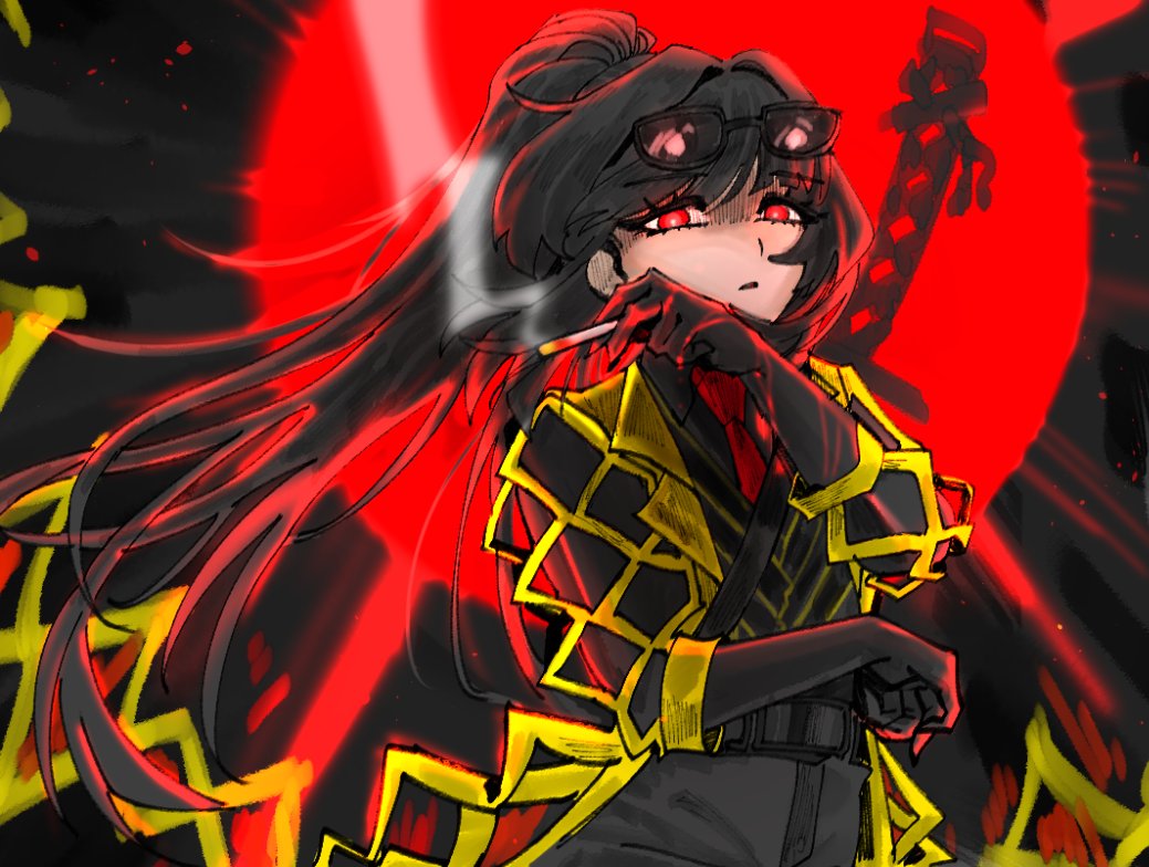 ryoshu (project moon), limbus company, project moon, 1girl, black gloves, black hair, black pants, black vest, blood, blood on hands, cigarette, coat, contempt awe (e.g.o), e.g.o (project moon), eyewear on head, gloves, long hair, long sleeves, looking at viewer, n corp. e.g.o (identity) (project moon), necktie, pants, ponytail, red background, red eyes, red necktie, simple background, smoke, smoking, solo, standing, sunglasses, udiedguy, upper body, vest, yellow coat