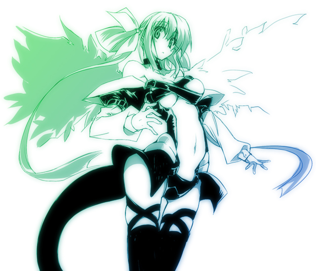 10mo, dizzy (guilty gear), arc system works, guilty gear, guilty gear x, guilty gear xx, 1girl, asymmetrical wings, blue theme, bow, female focus, green theme, hair bow, monochrome, ribbon, simple background, skindentation, solo, tail, thighhighs, white background, wings