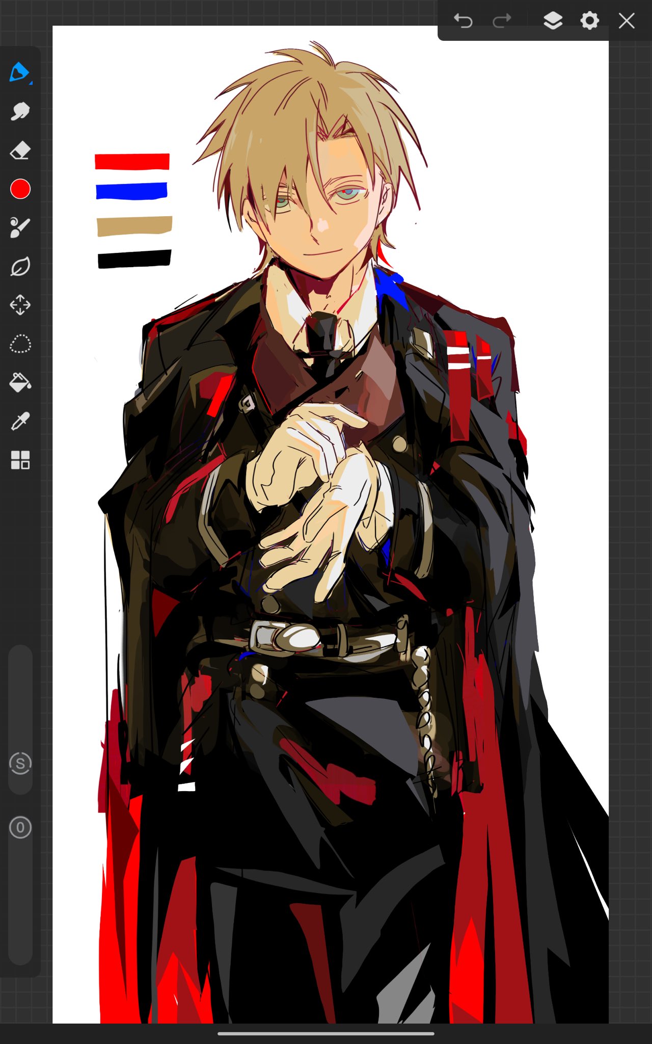 alphonse elric, fullmetal alchemist, commentary, english commentary, highres, 1boy, adjusting clothes, adjusting gloves, alternate costume, art program in frame, asymmetrical bangs, bailanlam, belt, black coat, black necktie, blonde hair, closed mouth, coat, color guide, cowboy shot, gloves, green eyes, looking at viewer, male focus, military uniform, necktie, short hair, sketch, solo, white gloves