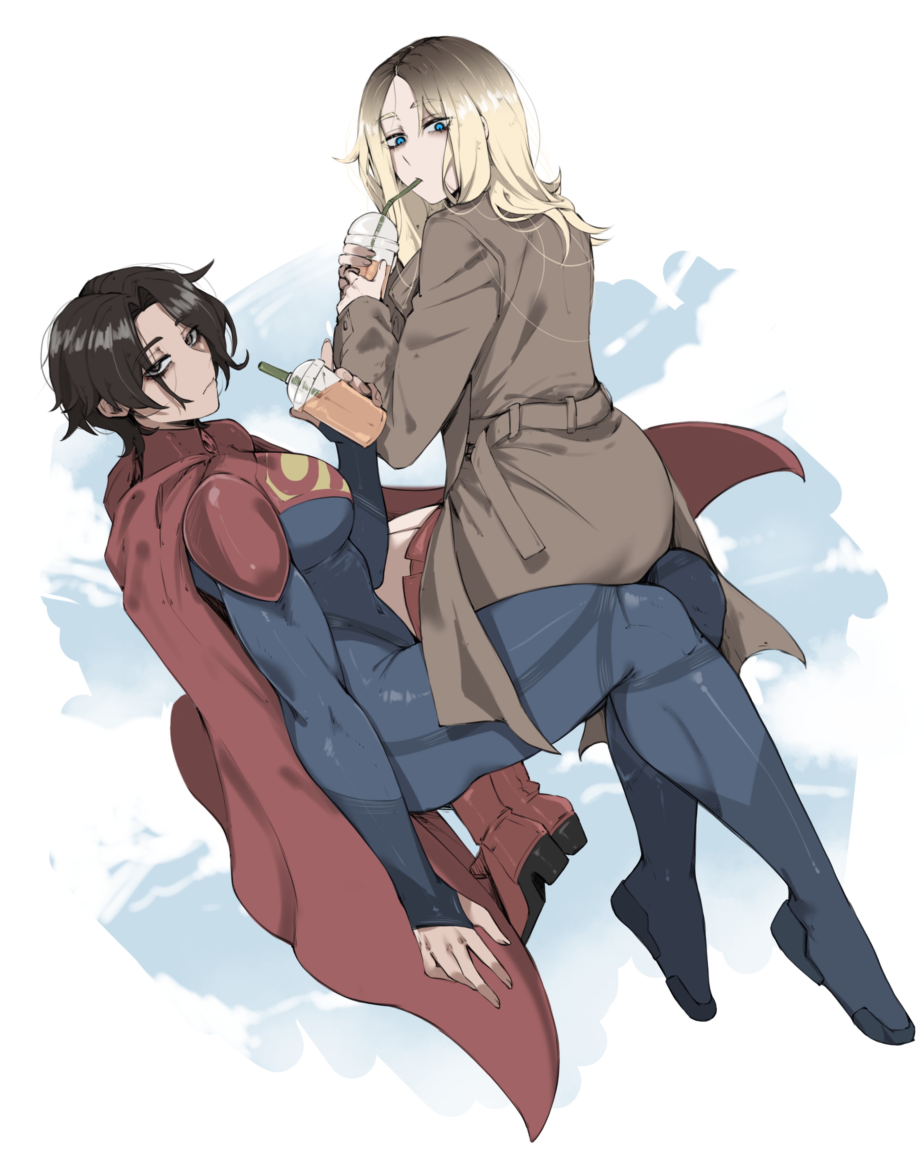 masoq, supergirl, dc comics, dc extended universe, dc universe (franchise), superman (2025), superman (series), the flash (movie), absurdres, highres, 2girls, black hair, blonde hair, blue bodysuit, bodysuit, brown coat, bubble tea, cape, coat, cup, drinking, drinking straw, holding, holding cup, medium hair, multiple girls, red cape, short hair