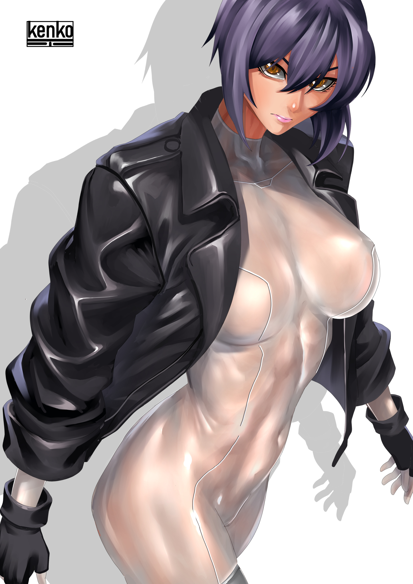 kusanagi motoko, ghost in the shell, commentary, english commentary, highres, mixed-language commentary, 1girl, abs, artist name, black gloves, black jacket, breasts, bujiankang, drop shadow, fingerless gloves, gloves, jacket, purple hair, short hair, solo, toned, toned female, white background