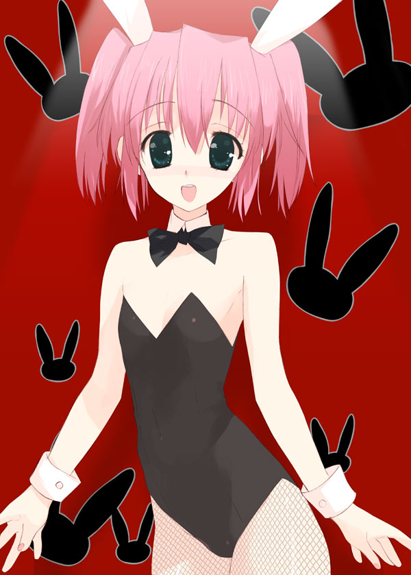 kusaka souji, kobayakawa yutaka, lucky star, 00s, animal ears, fake animal ears, fishnet pantyhose, fishnets, flat chest, leotard, pantyhose, pink hair, playboy bunny, rabbit ears, short hair, solo