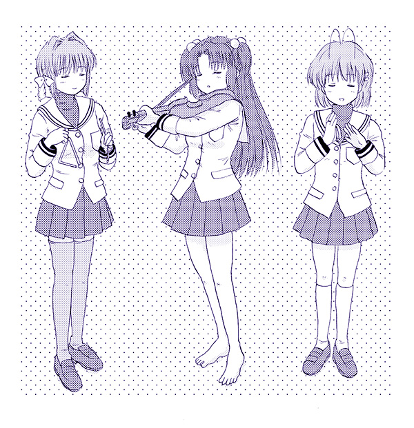 takahashi mugi, fujibayashi ryou, furukawa nagisa, ichinose kotomi, clannad, 00s, 3girls, antenna hair, barefoot, closed eyes, feet, hair bobbles, hair intakes, hair ornament, hair ribbon, instrument, kneehighs, loafers, monochrome, multiple girls, purple theme, ribbon, shoes, socks, thighhighs, two side up, violin