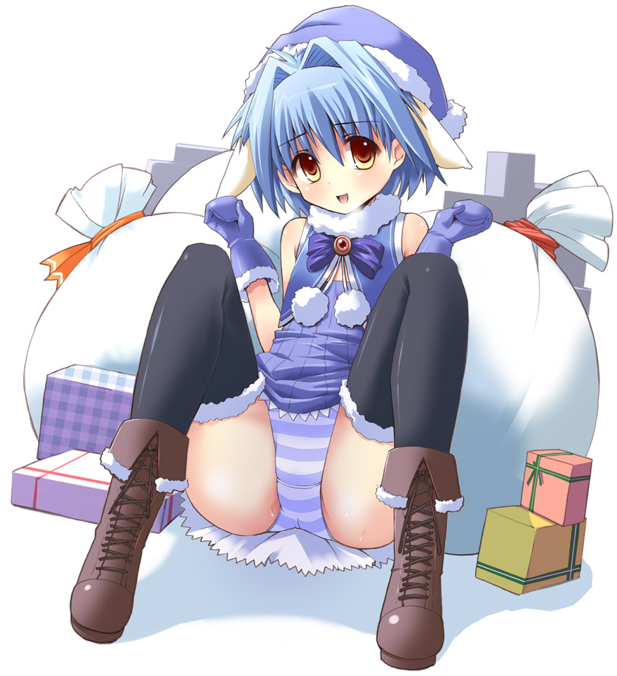shinshin, mint blancmanche, broccoli (company), galaxy angel, 00s, 1girl, animal ears, black thighhighs, blue hair, blue skirt, boots, bow, brown boots, christmas, female focus, flat chest, gloves, hair intakes, hat, lace-up boots, mittens, open mouth, panties, pom pom (clothes), sack, santa costume, santa hat, short hair, sitting, skirt, solo, spread legs, striped clothes, striped panties, thighhighs, underwear, upskirt, yellow eyes