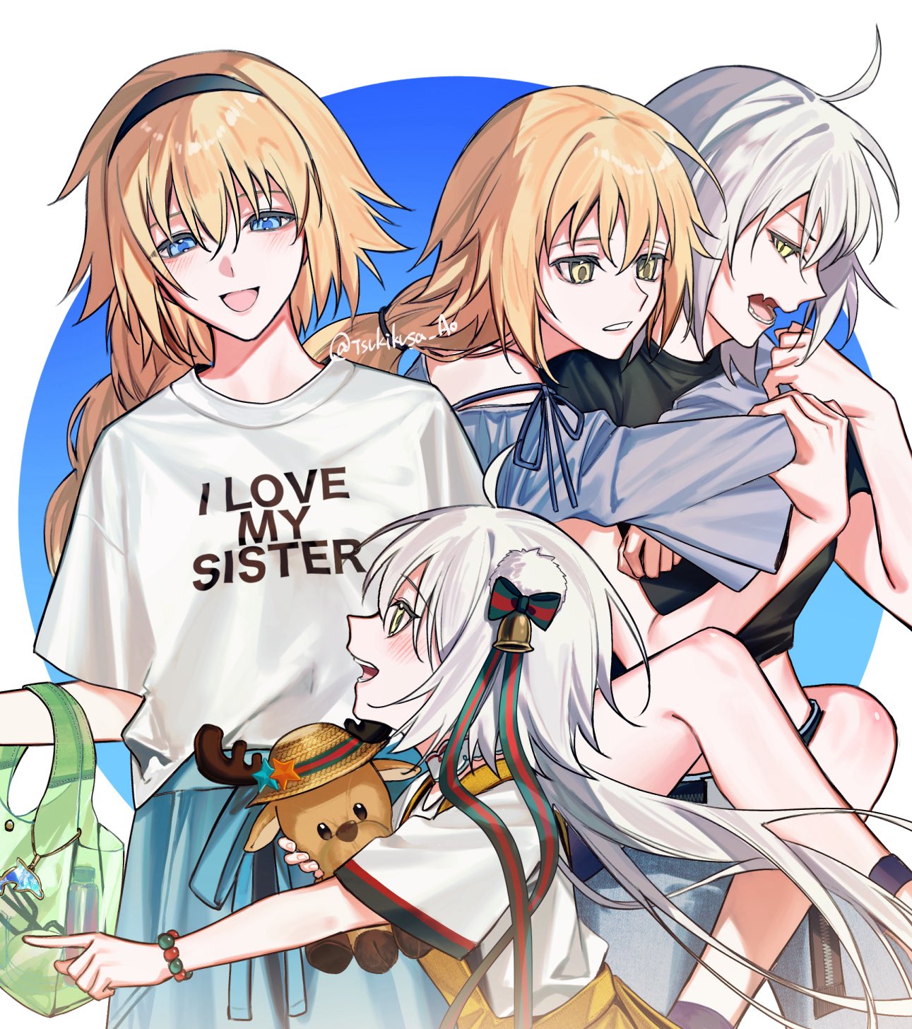 jeanne d'arc (fate), jeanne d'arc alter (fate), jeanne d'arc alter santa lily (fate), metatron jeanne (fate), fate/grand order, fate (series), commentary request, highres, 4girls, ahoge, alternate costume, black hairband, black shirt, blonde hair, blue eyes, contemporary, grey hair, hairband, holding, holding stuffed toy, long hair, looking at another, multiple girls, multiple persona, open mouth, pointing, profile, shirt, short hair, smile, stuffed animal, stuffed reindeer, stuffed toy, tsukikusa ao, twitter username, very long hair, white shirt, yellow eyes
