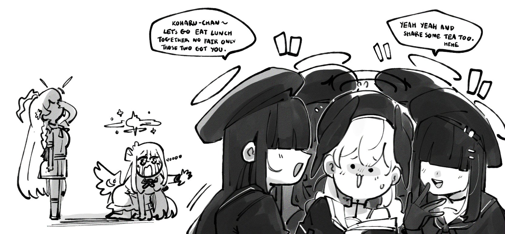 kinzaibatsu91, hanako (blue archive), justice task force member (blue archive), koharu (blue archive), mika (blue archive), blue archive, highres, 6+girls, ahoge, all fours, crying, crying with eyes open, dress, english text, gloves, greyscale, hair over eyes, halo, hat, head wings, long hair, low wings, monochrome, multiple girls, open mouth, shirt, skirt, smile, speech bubble, standing, tears, twintails, very long hair, wings