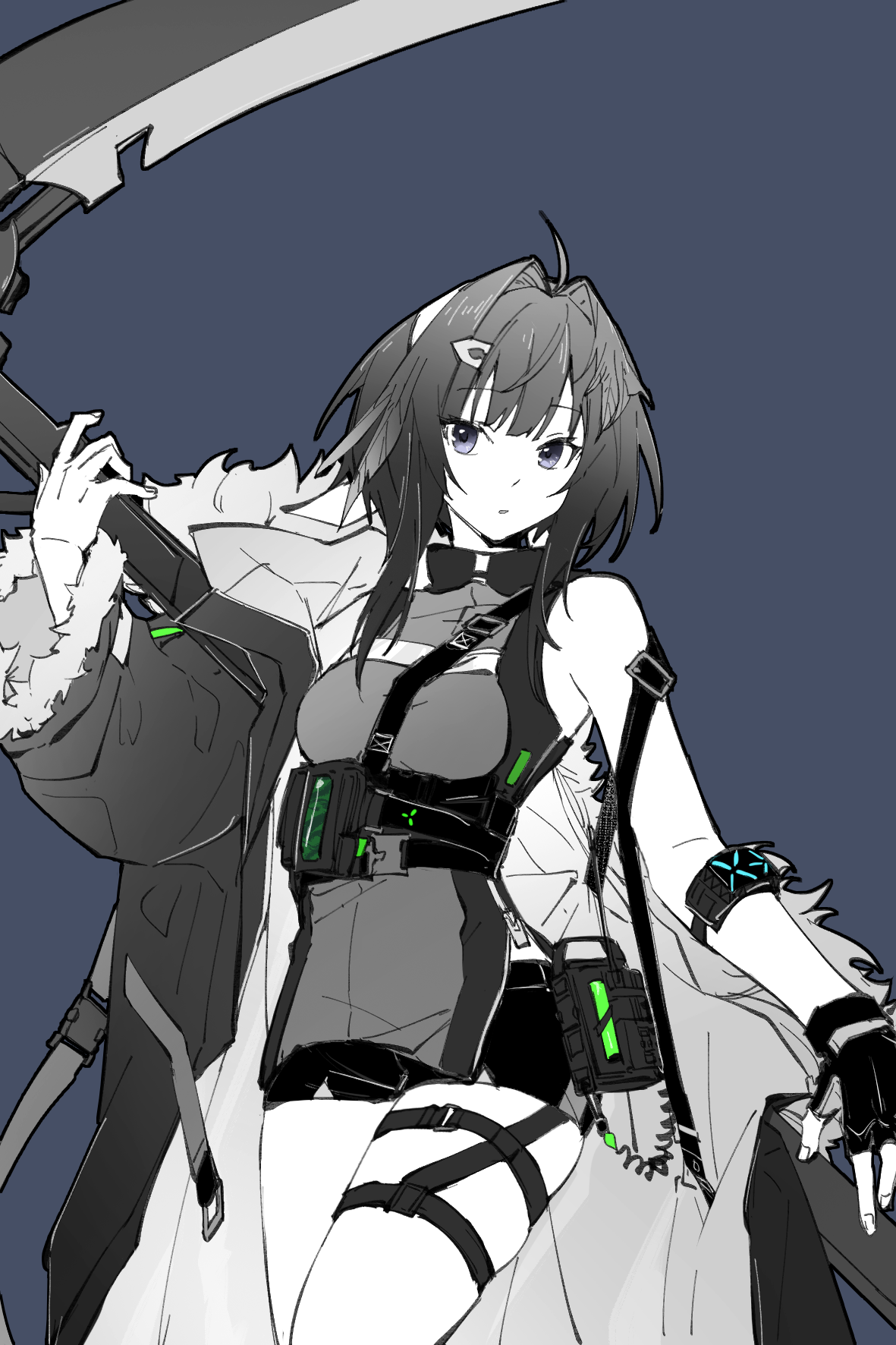 piaoliu ping ping ping pingzi, infection monitor (arknights), la pluma (arknights), arknights, chinese commentary, commentary request, highres, 1girl, ahoge, bare shoulders, black background, coat, cowboy shot, fingerless gloves, fingernails, fur-trimmed sleeves, fur trim, gloves, hair intakes, hair ornament, hairclip, holding, long sleeves, looking at viewer, medium hair, parted lips, partially colored, purple eyes, shirt, short shorts, shorts, simple background, single glove, sleeveless, sleeveless shirt, solo, standing, thigh strap