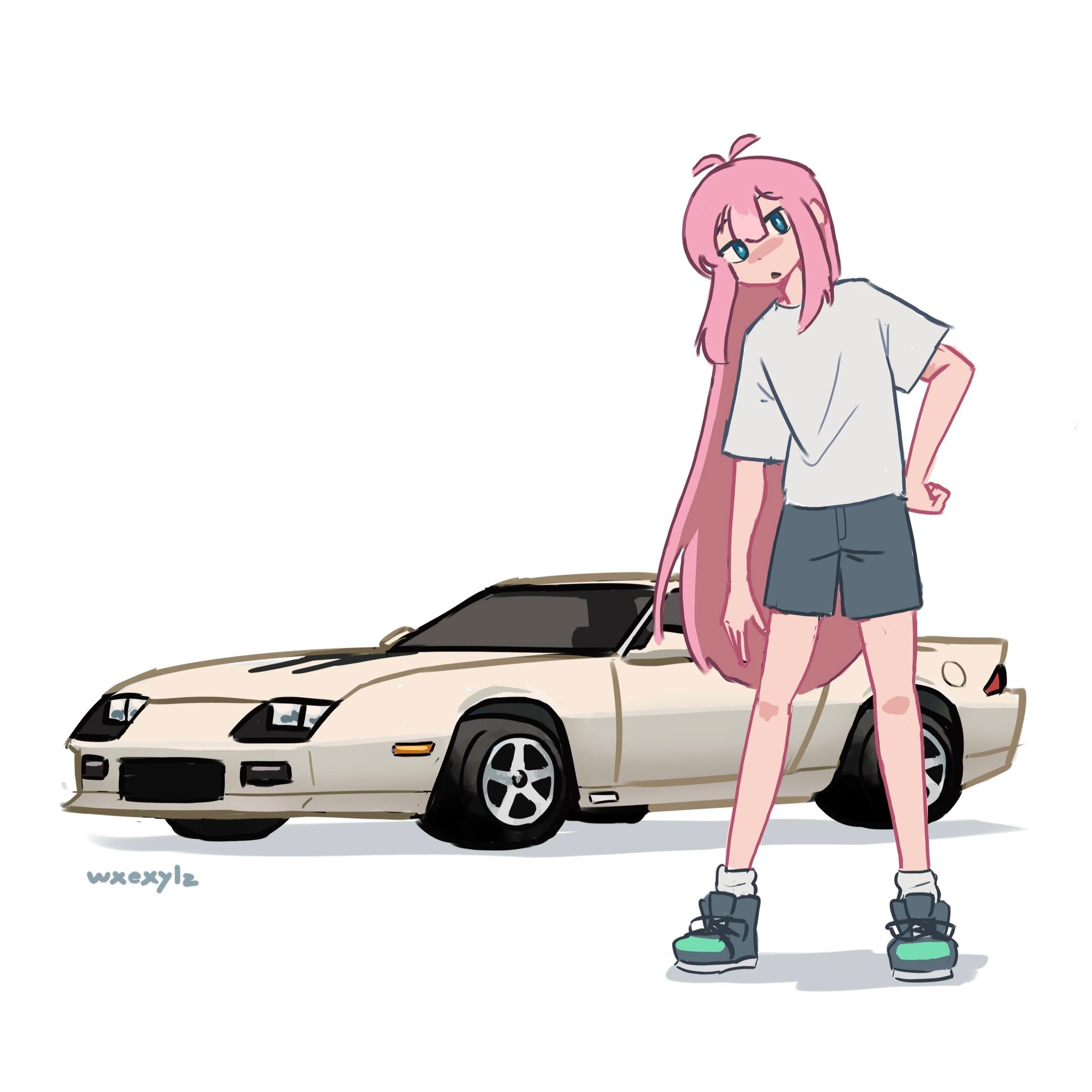 chevrolet, original, highres, 1girl, artist name, blue eyes, car, chevrolet camaro, chevrolet camaro (3rd generation), full body, grey car, grey shirt, grey shoes, grey shorts, leaning to the side, long hair, motor vehicle, pink hair, shadow, shirt, shoes, shorts, sneakers, solo, sports car, vehicle focus, very long hair, wexels, white background
