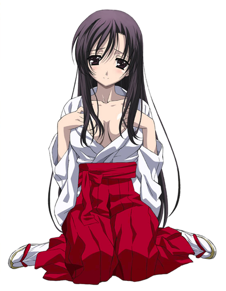 katsura kotonoha, school days, 00s, 1girl, blush, breasts, cleavage, collarbone, female focus, hakama, hakama skirt, japanese clothes, long hair, medium breasts, miko, purple eyes, purple hair, red hakama, sandals, simple background, sitting, skirt, smile, solo, tabi, undressing