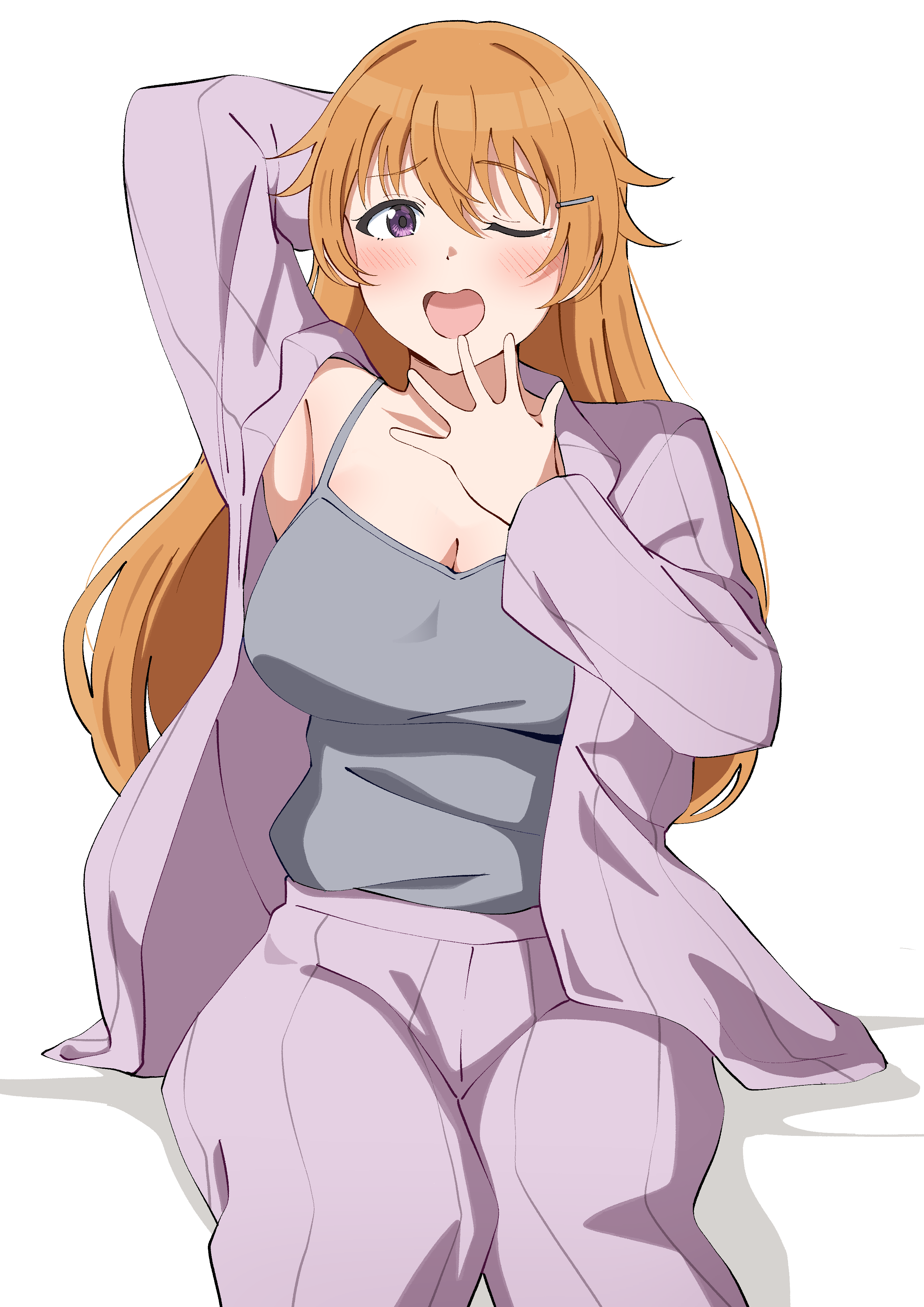 uchuu no mozuku, konoe kanata, love live!, love live! nijigasaki high school idol club, absurdres, highres, 1girl, arm behind head, arm up, blush, breasts, brown hair, camisole, cleavage, cowboy shot, grey camisole, hair between eyes, hand up, large breasts, long hair, long sleeves, looking at viewer, one eye closed, open clothes, open mouth, purple eyes, sitting, white background, yawning