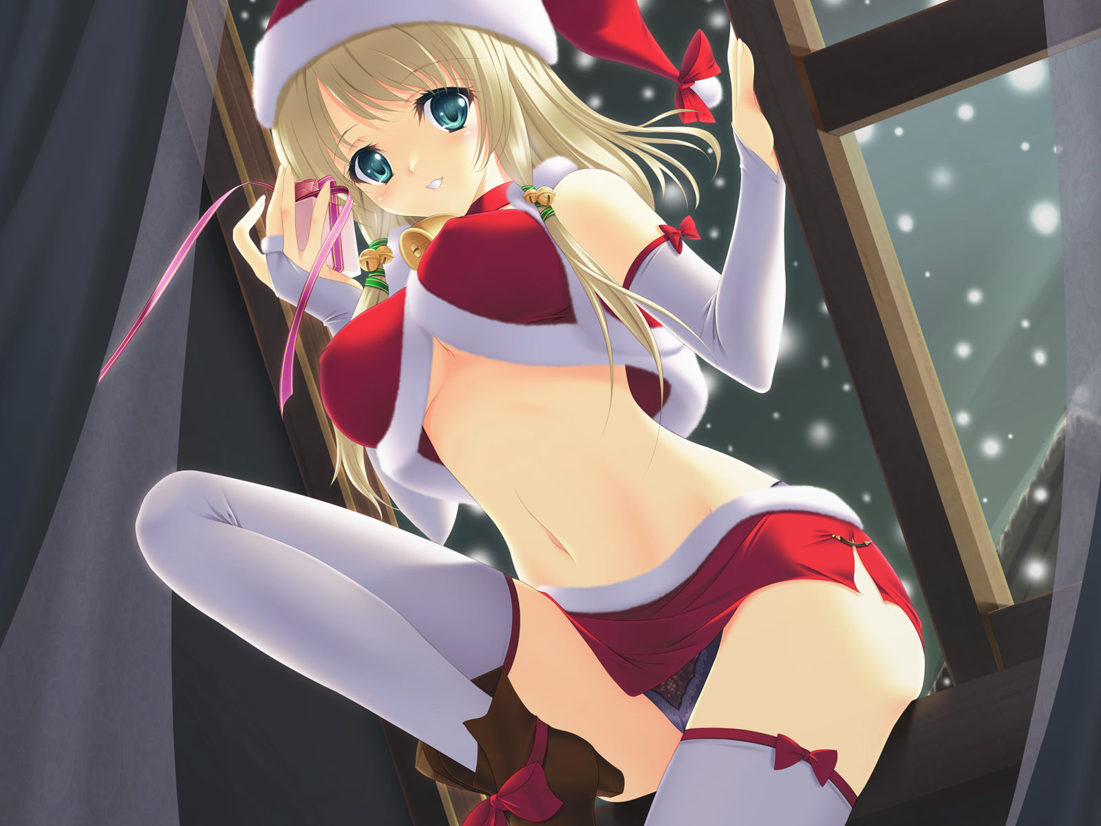 nakano sora, original, highres, 1girl, black panties, blonde hair, blue eyes, boots, breasts, christmas, cleavage, female focus, gift, hat, long hair, miniskirt, panties, pantyshot, ribbon, santa costume, santa hat, skirt, solo, thighhighs, underboob, underwear, upskirt, white thighhighs