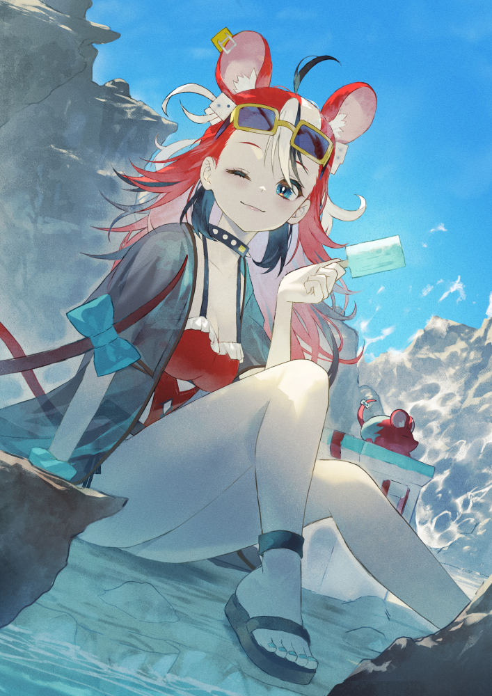 fagi (kakikaki), hakos baelz, mr. squeaks (hakos baelz), hololive, hololive english, commentary, 1girl, animal ears, blue eyes, blue nails, dice hair ornament, food, hair ornament, holding, holding food, holding popsicle, mouse ears, mouse girl, mouse tail, one eye closed, popsicle, tail, toes, virtual youtuber