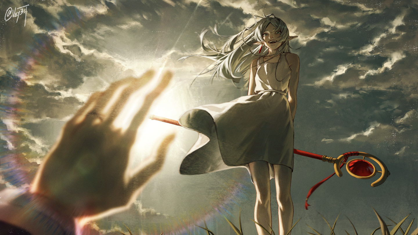 vey3st, frieren, original, sousou no frieren, 1girl, breasts, cloud, day, dress, earrings, elf, floating clothes, floating hair, green eyes, holding, holding staff, jewelry, long hair, looking at viewer, mage staff, open mouth, outdoors, parted bangs, pointy ears, pov, shadow, sky, sleeveless, sleeveless dress, smile, staff, sunlight, white dress, white hair, wind, wind lift