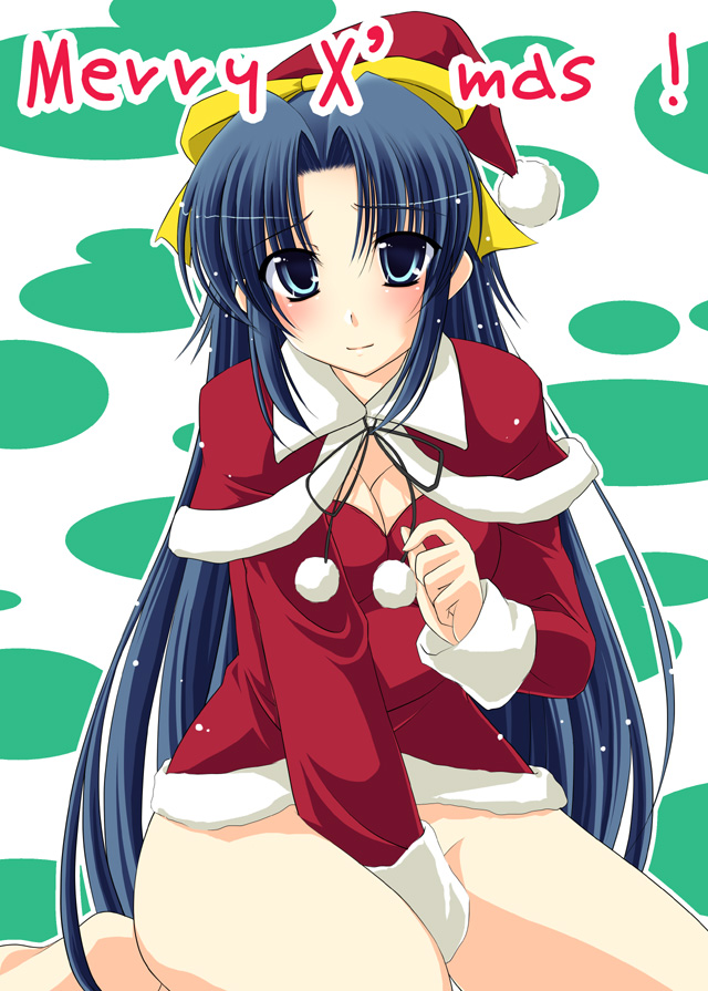 nagami yuu, takasu ayako, mamoru-kun ni megami no shukufuku wo!, 1girl, bare legs, bottomless, capelet, christmas, covering crotch, covering privates, dress, female focus, fur trim, hat, long sleeves, looking at viewer, pom pom (clothes), red dress, santa costume, santa hat, simple background, sitting, solo, thighs, yokozuwari
