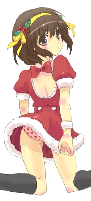tomako, suzumiya haruhi, suzumiya haruhi no yuuutsu, 00s, christmas, miniskirt, panties, pantyshot, santa costume, skirt, skirt tug, solo, underwear