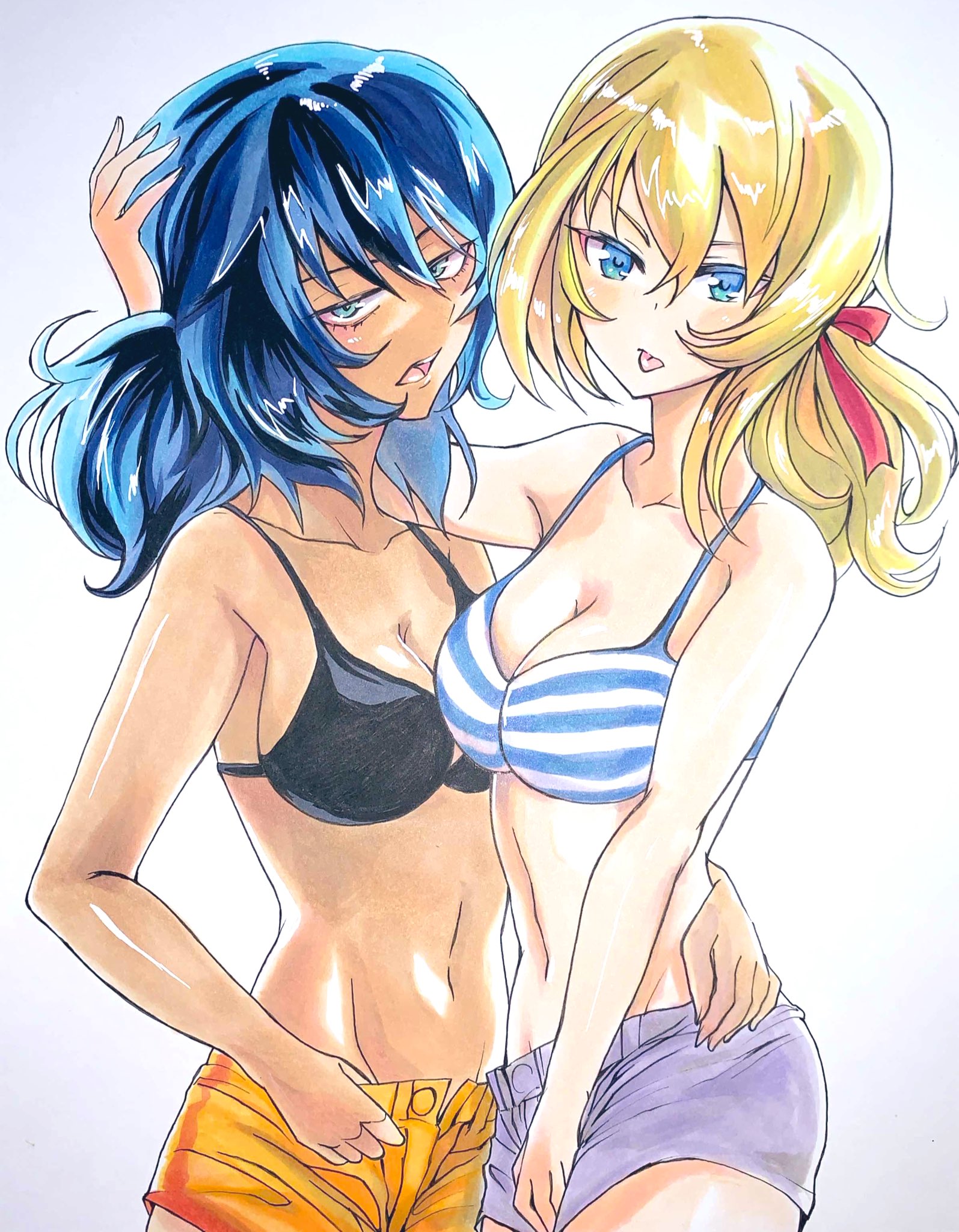 sawamaru30, andou (girls und panzer), oshida (girls und panzer), girls und panzer, commentary request, highres, translation request, 2girls, :p, asymmetrical docking, bikini, bikini top only, black bikini, blonde hair, blue eyes, blue hair, bow, breast press, breasts, cleavage, collarbone, cowboy shot, dark-skinned female, dark skin, groin, hair bow, halterneck, hand on another's head, hand on another's hip, looking at viewer, medium breasts, multiple girls, navel, red bow, shorts, striped bikini, striped clothes, swimsuit, thumb in beltline, tongue, tongue out, white background, yellow shorts