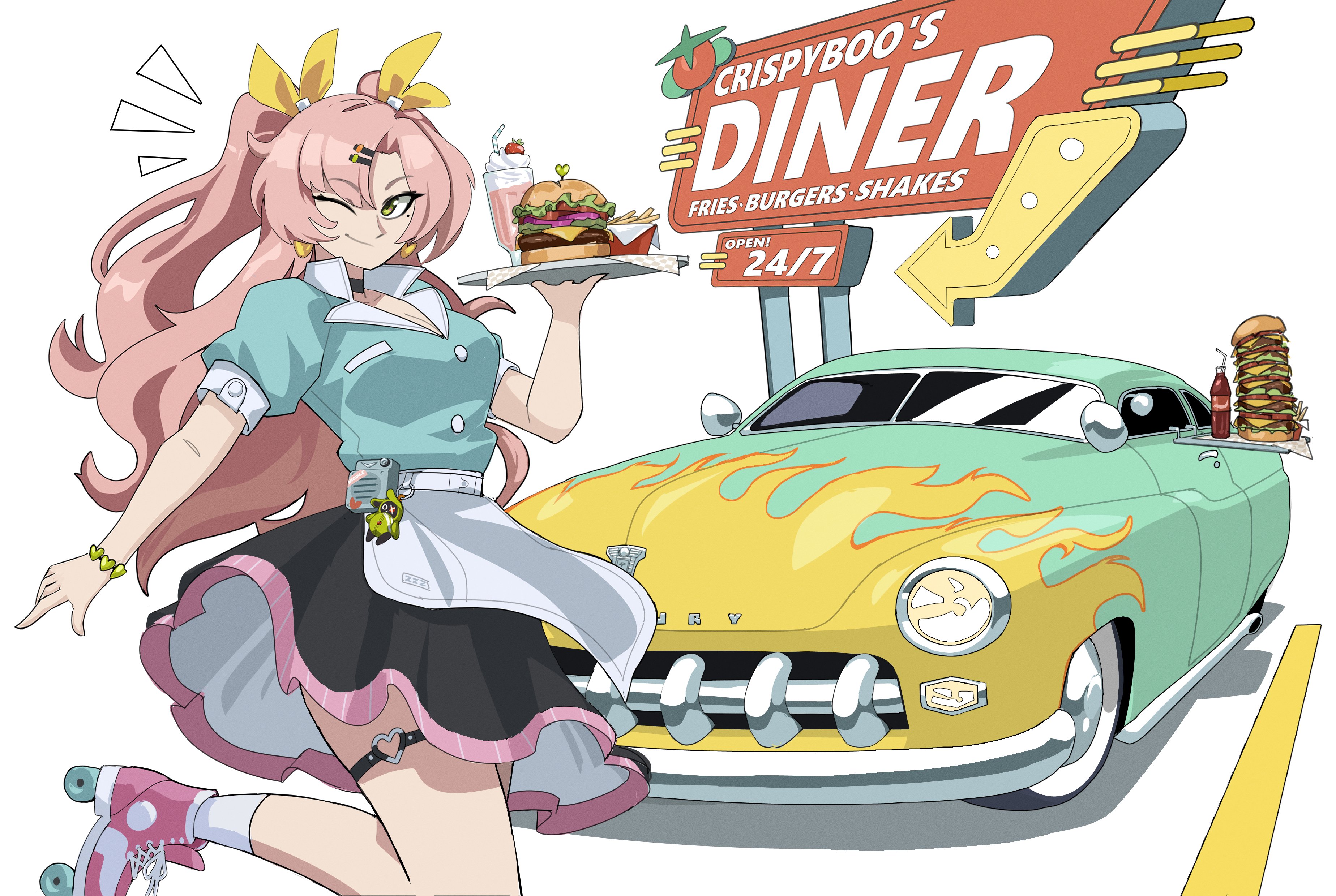 vee (427deer), nicole demara, zenless zone zero, absurdres, highres, 1girl, apron, arrow (symbol), black hair, burger, food, green eyes, hair ribbon, heart, heart o-ring, holding, holding tray, long hair, looking at viewer, mercury (company), mercury monterey, mole, mole under eye, o-ring, one eye closed, pink hair, ribbon, sign, simple background, smile, soda, solo, thigh strap, tray, two side up, vehicle focus, very long hair, white apron, white background, yellow ribbon