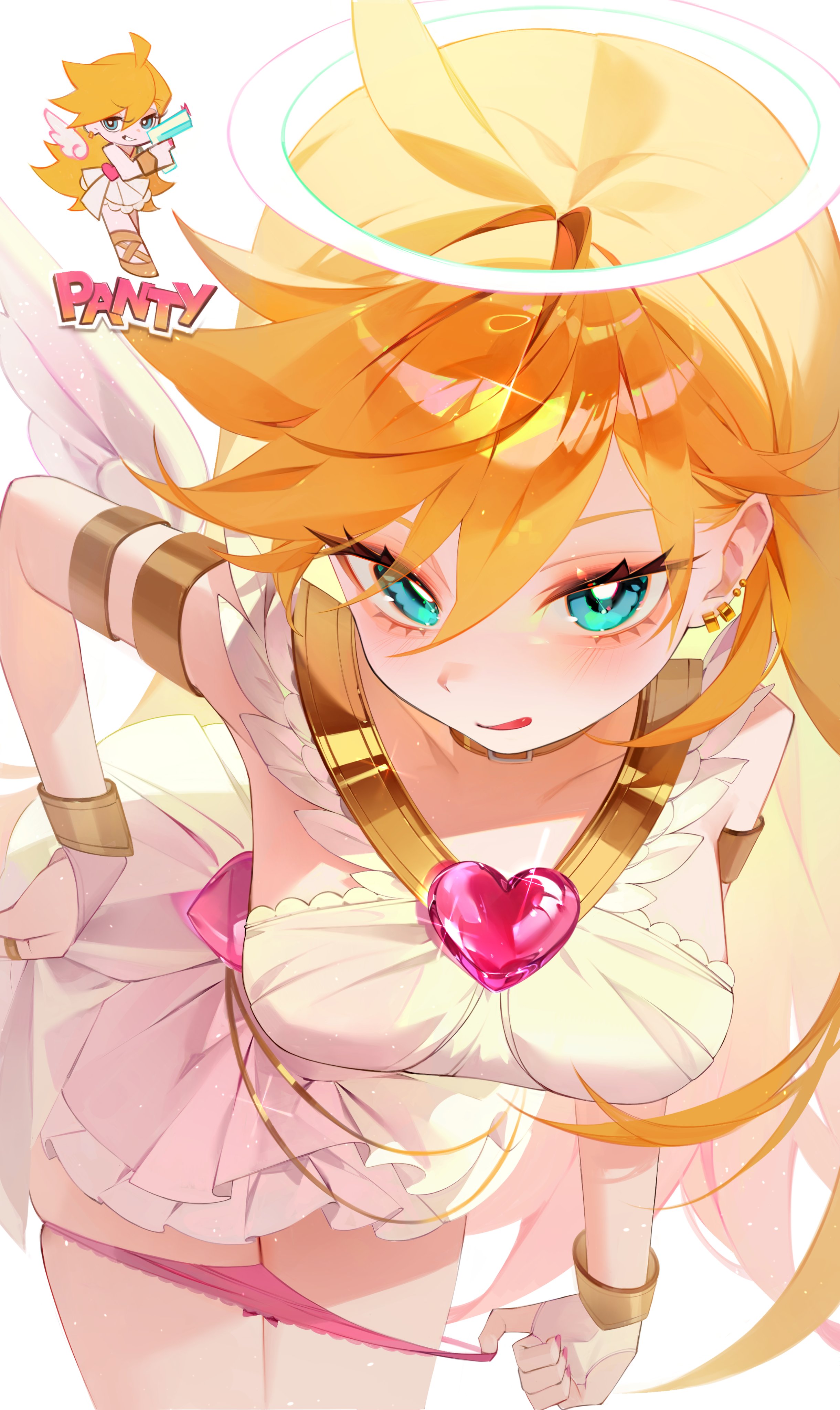 hu2ees2, panty (psg), panty & stocking with garterbelt, absurdres, commentary, english commentary, highres, 1girl, :q, ahoge, angel wings, armlet, belt collar, bent over, blonde hair, blue eyes, blush, bracer, breasts, bright pupils, character name, chibi, chibi inset, collar, cowboy shot, detached wings, dress, ear piercing, earrings, fingernails, gem, grin, gun, hair between eyes, halo, handgun, heart-shaped gem, holding, holding gun, holding weapon, jewelry, large breasts, legs together, long fingernails, long hair, looking at viewer, nail polish, panties, panty pull, piercing, pink gemstone, pink nails, pink panties, pulling own clothes, smile, standing, tongue, tongue out, traditional halo, twitter username, underwear, very long hair, weapon, white background, white dress, white pupils, white wings, wings