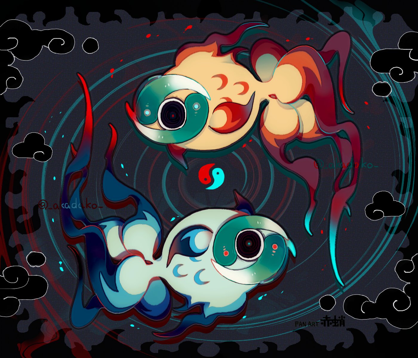 akadako, chi-yu (pokemon), nintendo, pokemon, highres, alternate color, animal focus, black eyes, fish, full body, goldfish, no humans, pokemon (creature), pokemon focus, shiny and normal, shiny pokemon