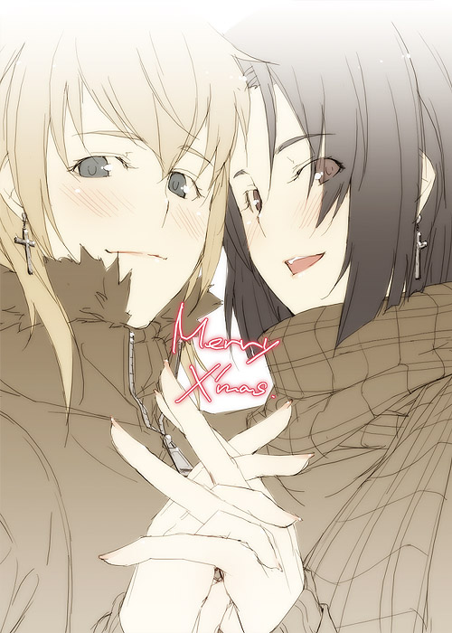 kyo (kuroichigo), mizuno youko, satou sei, maria-sama ga miteru, 00s, 2girls, androgynous, black hair, blonde hair, blush, christmas, holding hands, light smile, multiple girls, short hair, smile, symmetrical hand pose