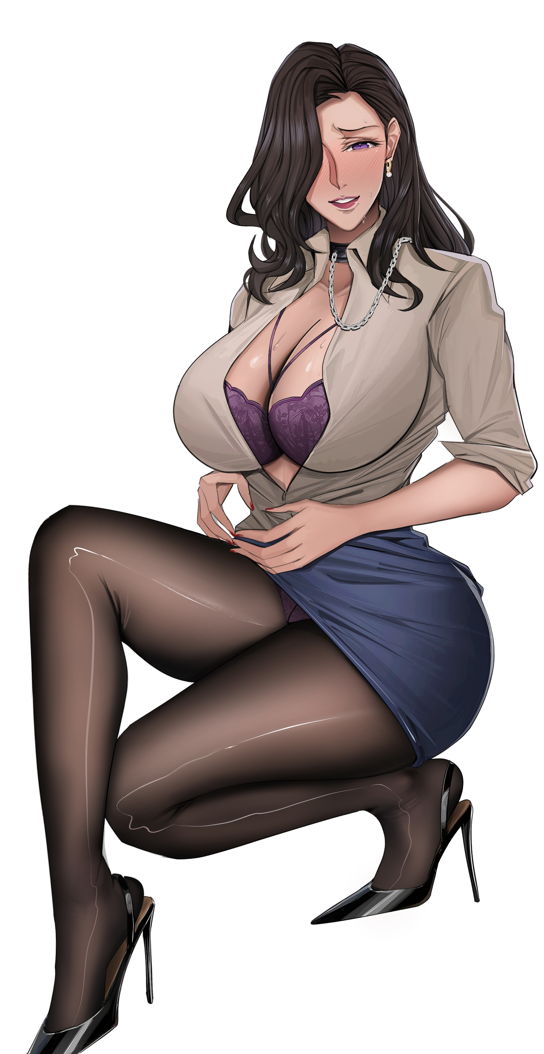 manna (pixiv8805037), original, shiny pantyhose, absurdres, highres, 1girl, animal collar, black hair, black pantyhose, black shoes, blue skirt, blush, bra, bra peek, breasts, chain, collar, earrings, full body, hair over one eye, high heels, huge breasts, jewelry, lace, lace-trimmed bra, lace trim, legs, long bangs, long hair, long legs, looking at viewer, mature female, open clothes, open shirt, pantyhose, parted lips, purple bra, purple eyes, red lips, red nails, shoes, simple background, skirt, sleeves rolled up, solo, squatting, stiletto heels, sweat, teeth, thighs, underwear, white background