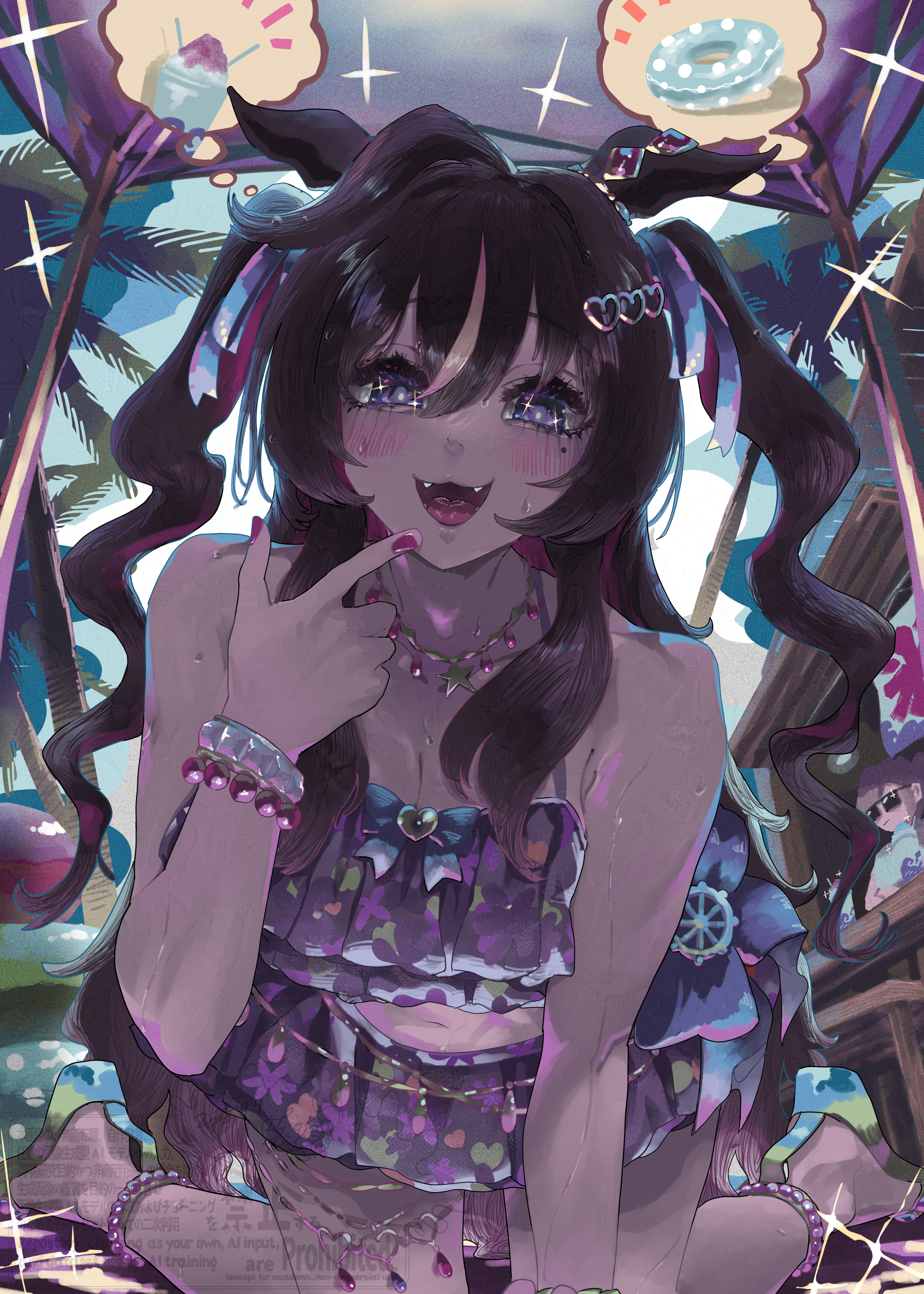 rinka (tonariuta), vivlos (umamusume), umamusume, absurdres, highres, 1girl, all fours, animal ears, anklet, bare arms, bare shoulders, barefoot, bead anklet, bead bracelet, beads, bikini, blush, bracelet, breasts, cleavage, fangs, frilled bikini, frills, hair between eyes, horse ears, horse girl, jewelry, long hair, looking at viewer, mole, mole under eye, multiple bracelets, necklace, official alternate costume, open mouth, pink nails, purple bikini, purple eyes, solo, sweat, swimsuit, two side up