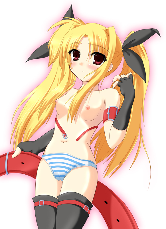 johnny (from scratch), fate testarossa, lyrical nanoha, mahou shoujo lyrical nanoha, mahou shoujo lyrical nanoha a's, 00s, blonde hair, long hair, nipples, no bra, panties, red eyes, ribbon, solo, striped clothes, striped panties, thighhighs, twintails, underwear